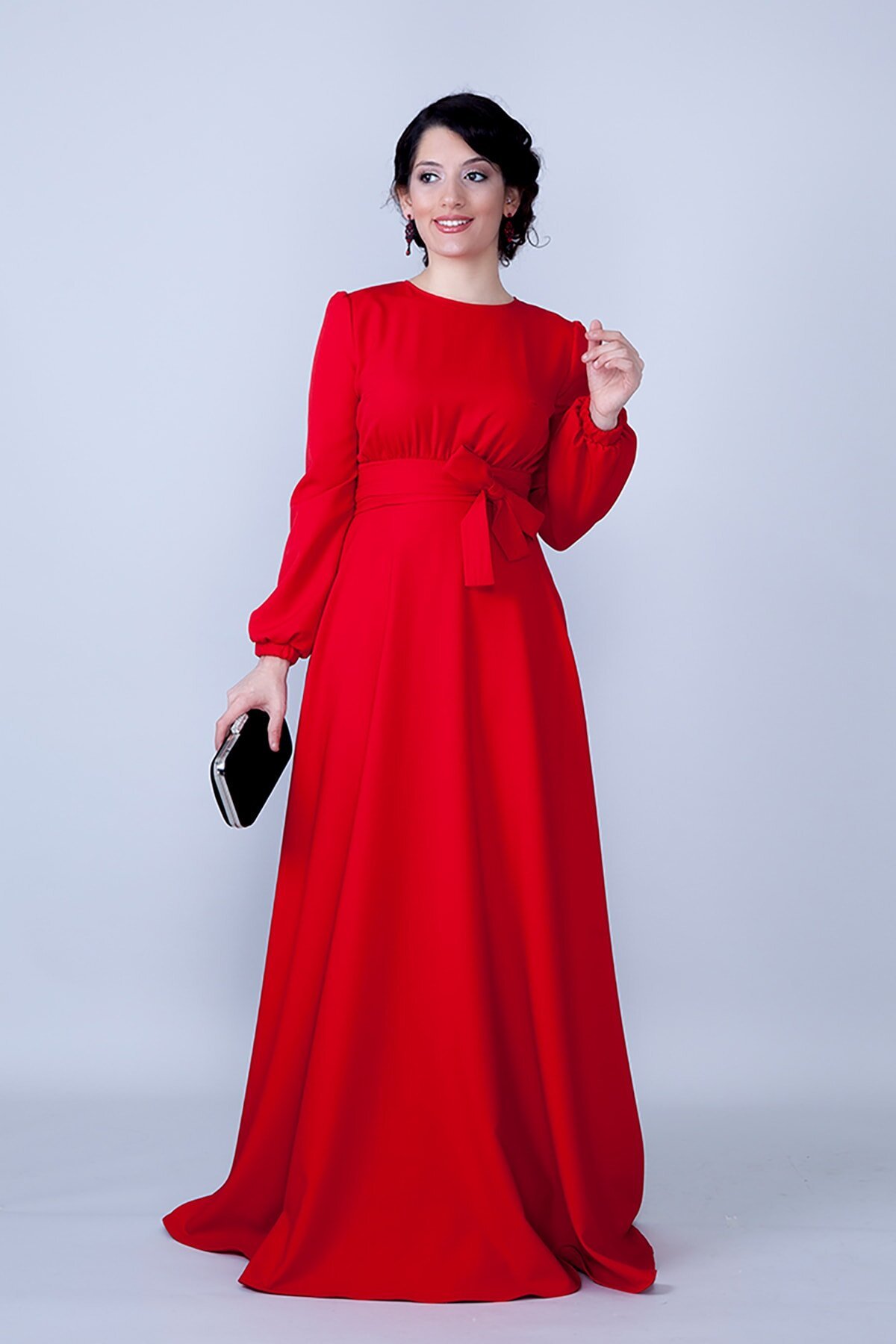 Gathered Waist Belted Modest Evening Dress - Red - Bidoluelbise