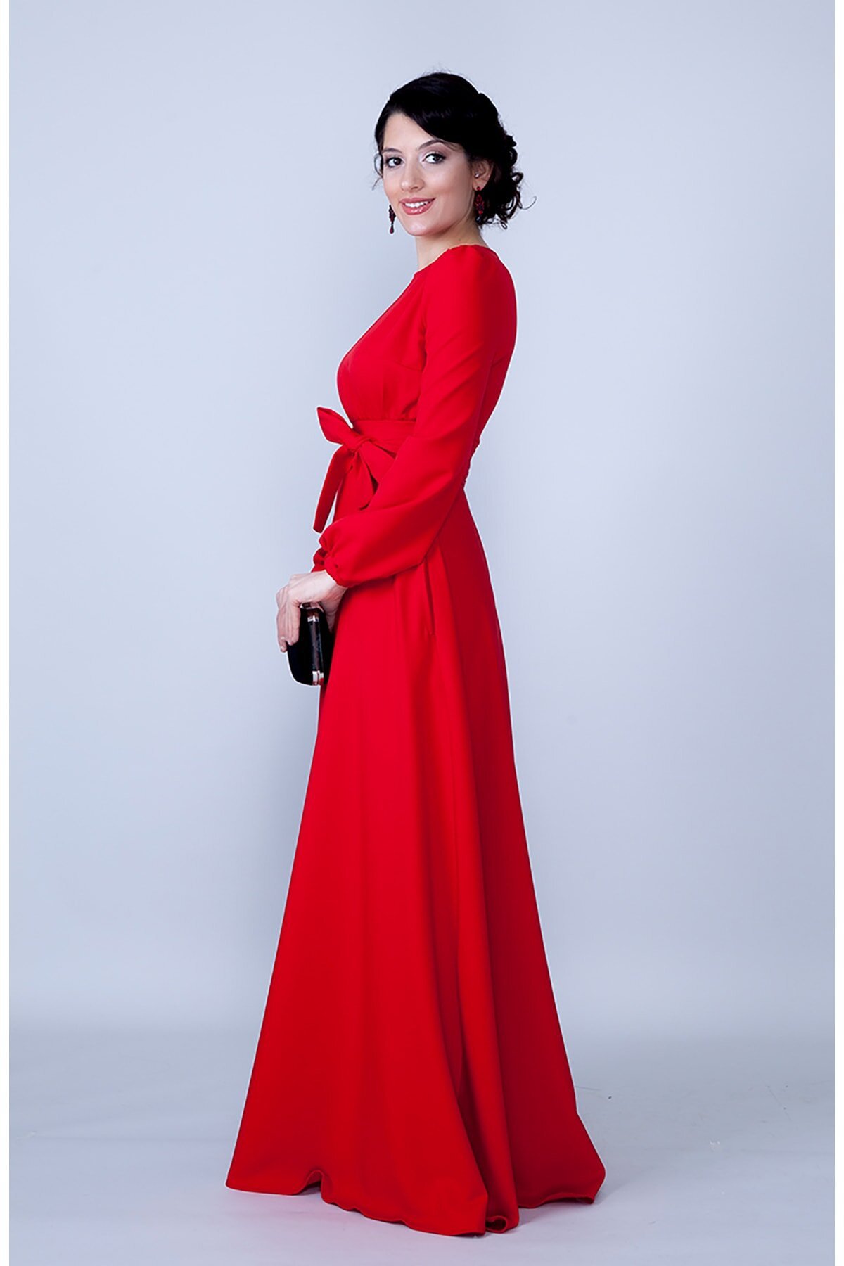 Gathered Waist Belted Modest Evening Dress - Red - Bidoluelbise