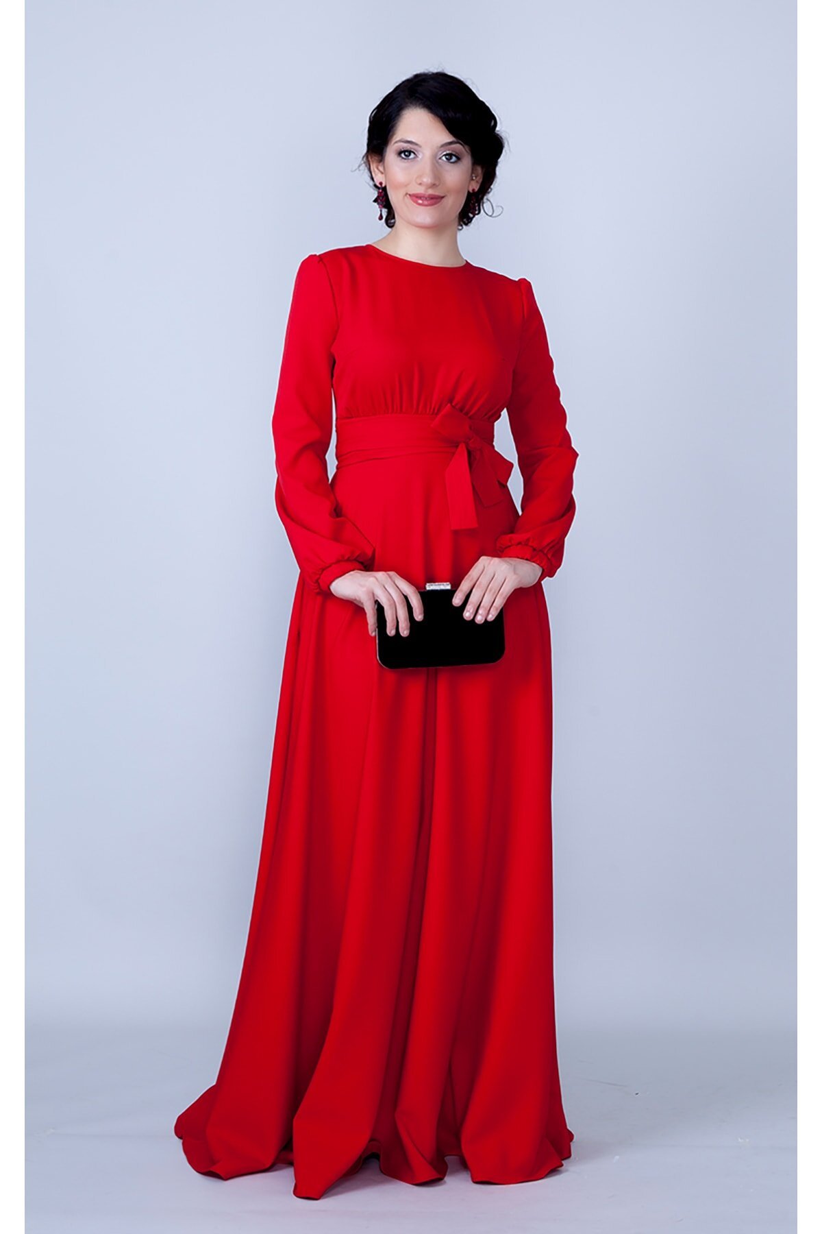Gathered Waist Belted Modest Evening Dress - Red - Bidoluelbise