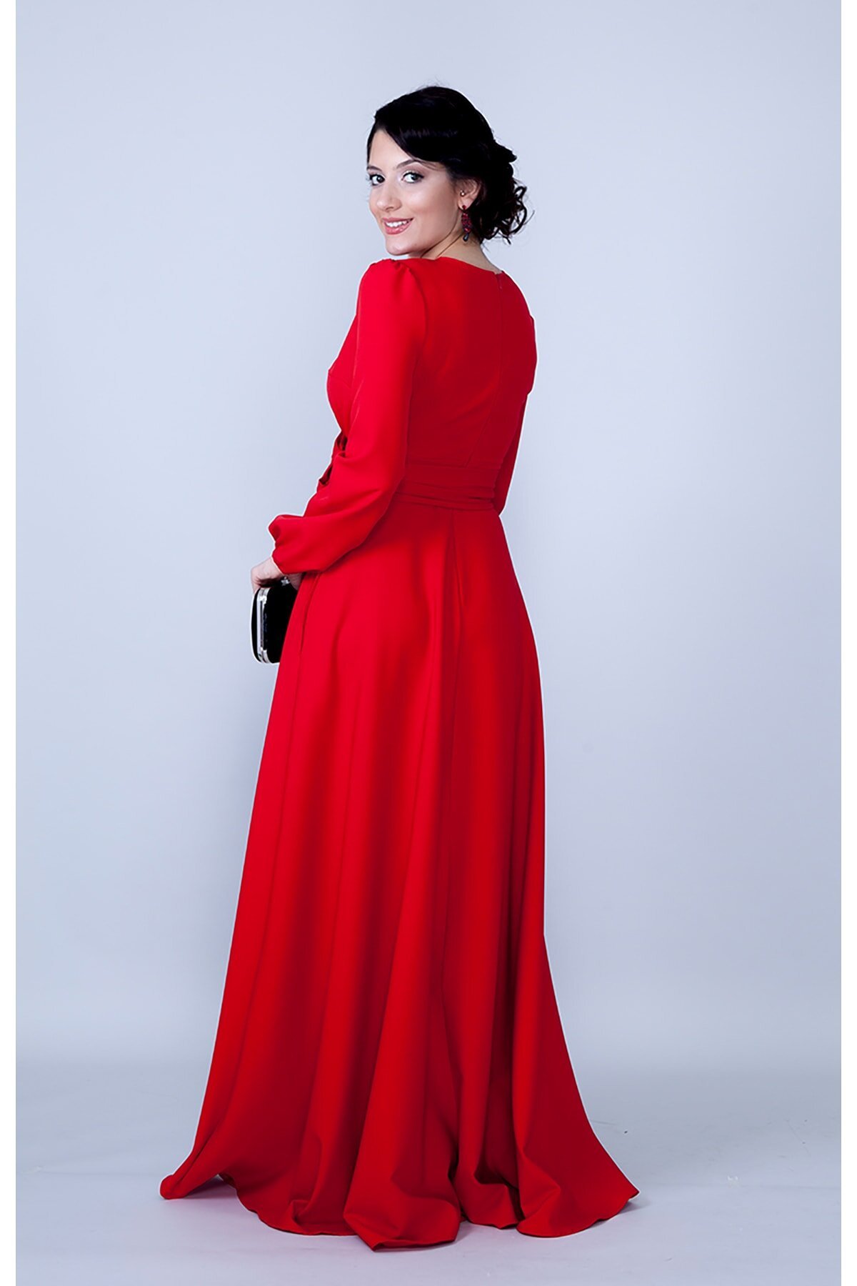 Gathered Waist Belted Modest Evening Dress - Red - Bidoluelbise