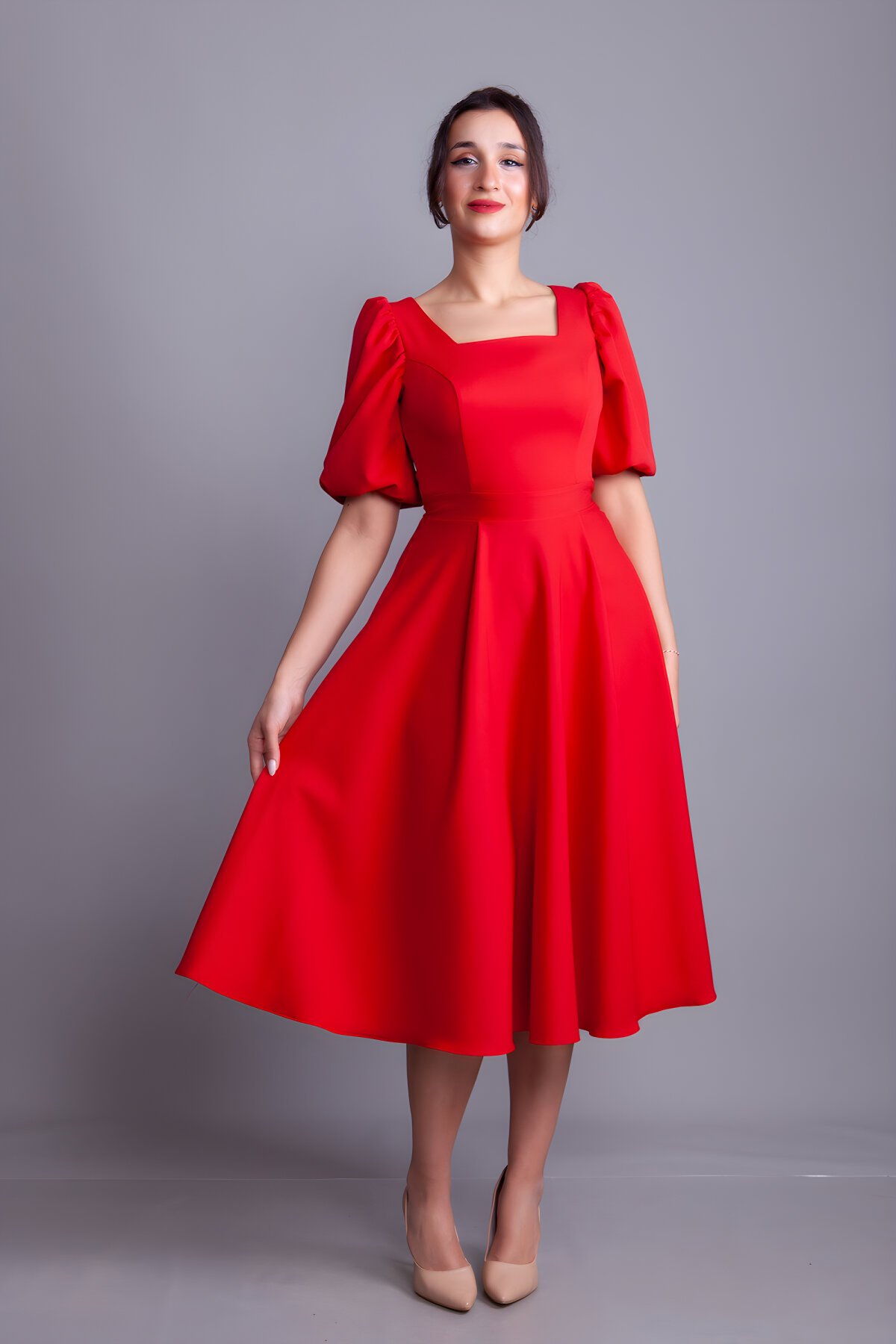 Midi Square-Neck Puff-Sleeve Evening Dress - Red - Bidoluelbise