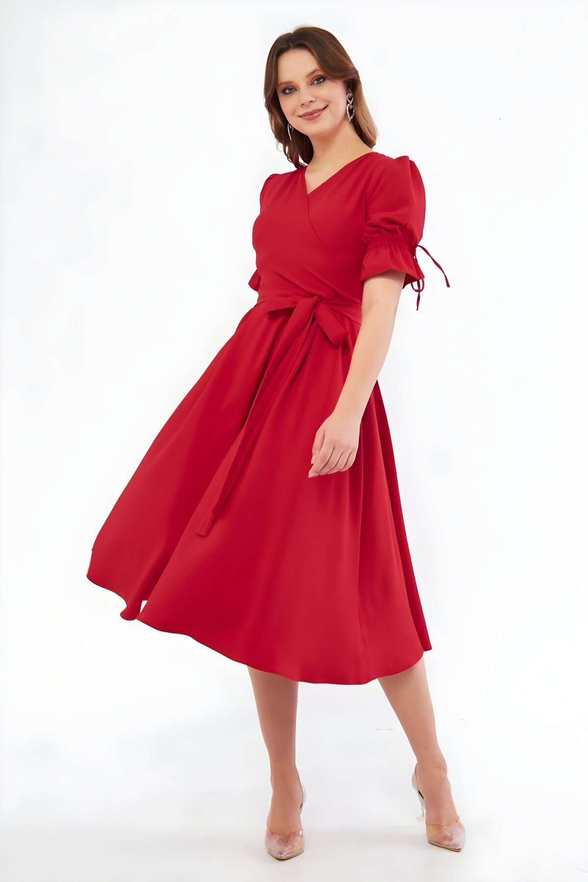 Midi Wrap-Neck Ruched Belted Evening Dress - Red - Bidoluelbise