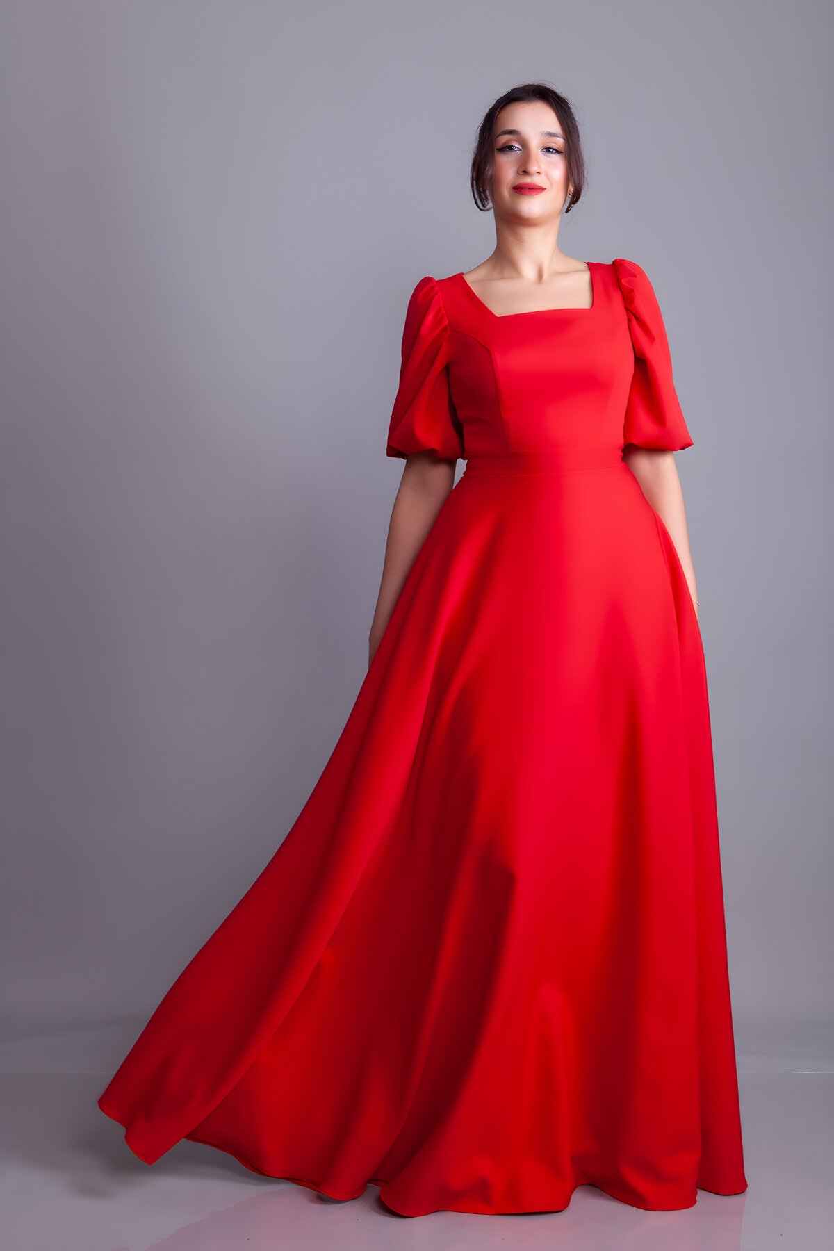 Kırmızı Uzun Kare Yaka Balon Kol Abiye Elbise - Bidoluelbise