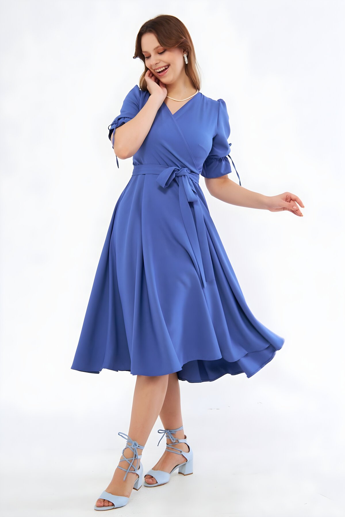 Midi Double-Breasted Ruched Evening Dress - Denim Blue - Bidoluelbise