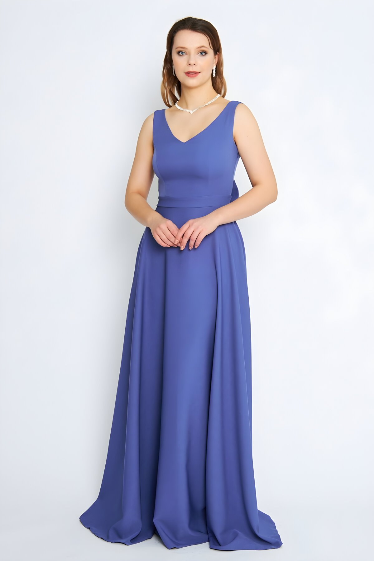 Kot Mavi Uzun Kloş V Yaka Sırt Dekolteli Abiye Elbise - Bidoluelbise