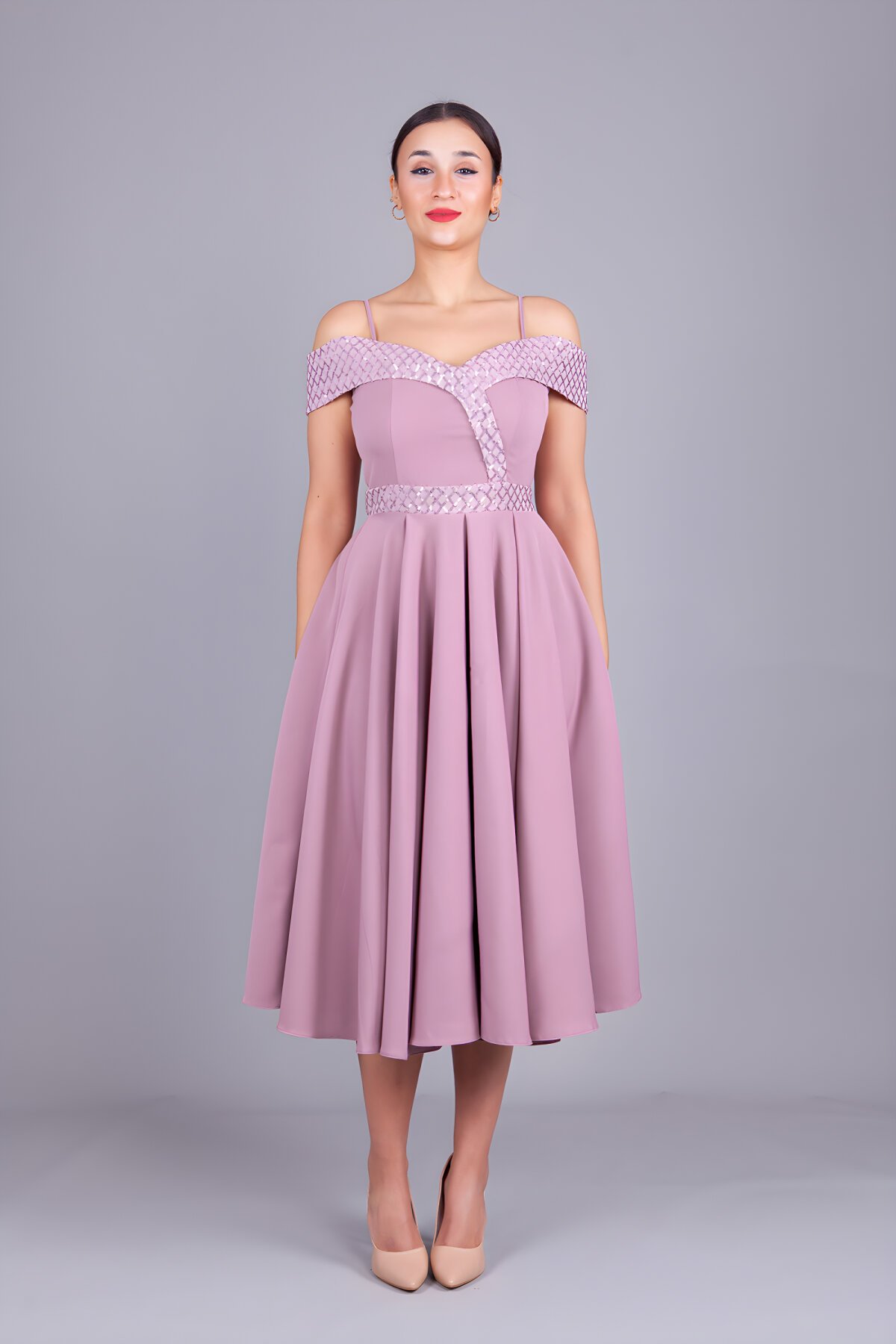 Koyu Gül Kareli Midi Kloş Payet Detaylı Abiye Elbise - Bidoluelbise