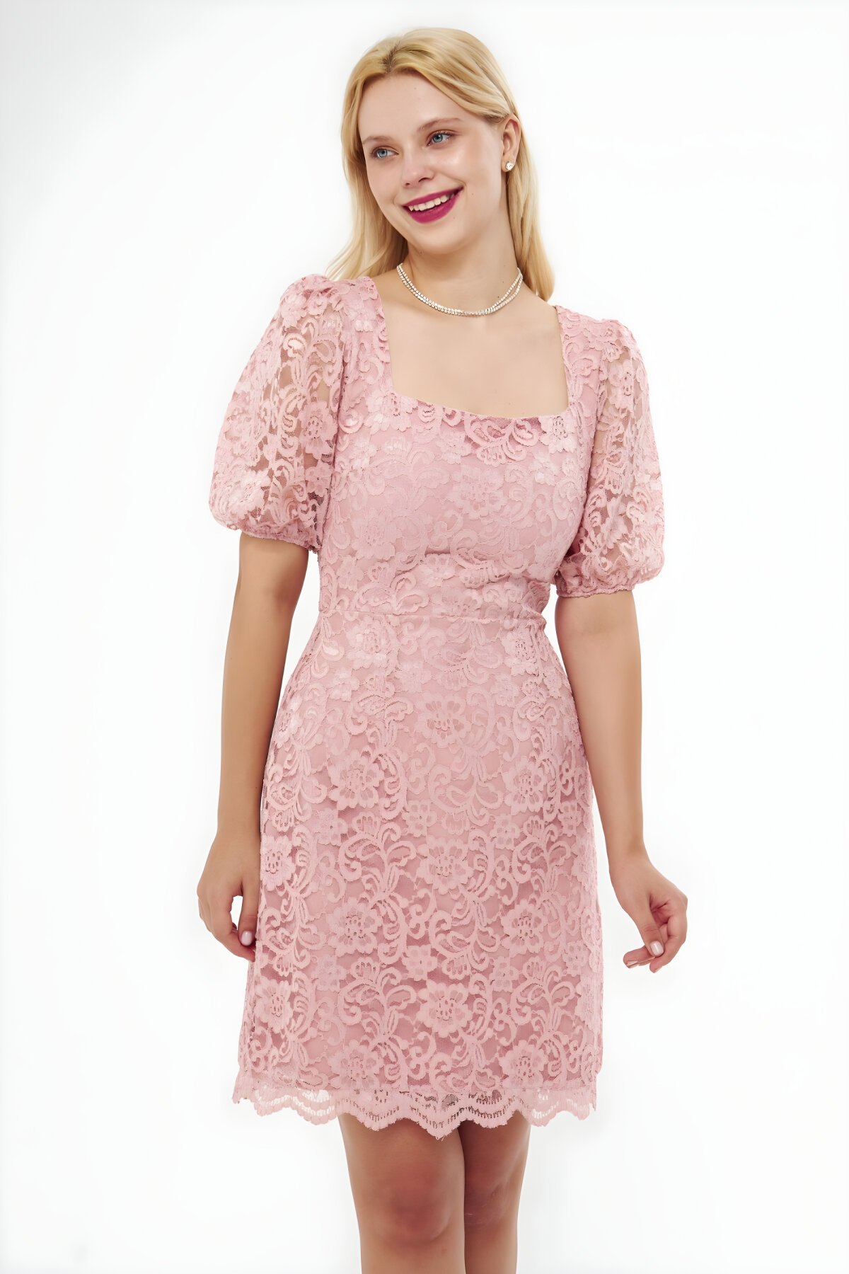 Koyu Pudra Fransız Dantel Mini Kare Yaka Balon Kol Abiye Elbise - Bidoluelbise