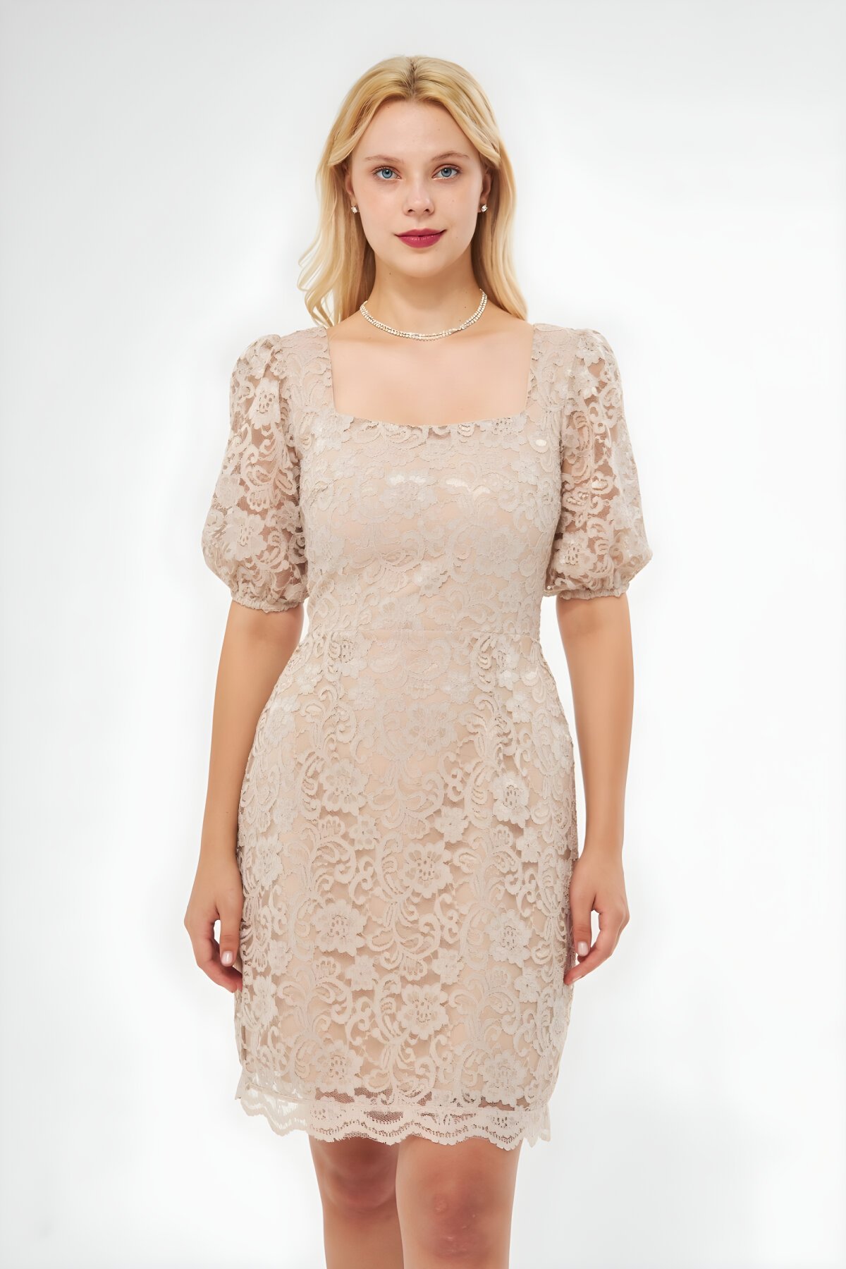 Krem Fransız Dantel Mini Balon Kol Kare Yaka Abiye Elbise - Bidoluelbise