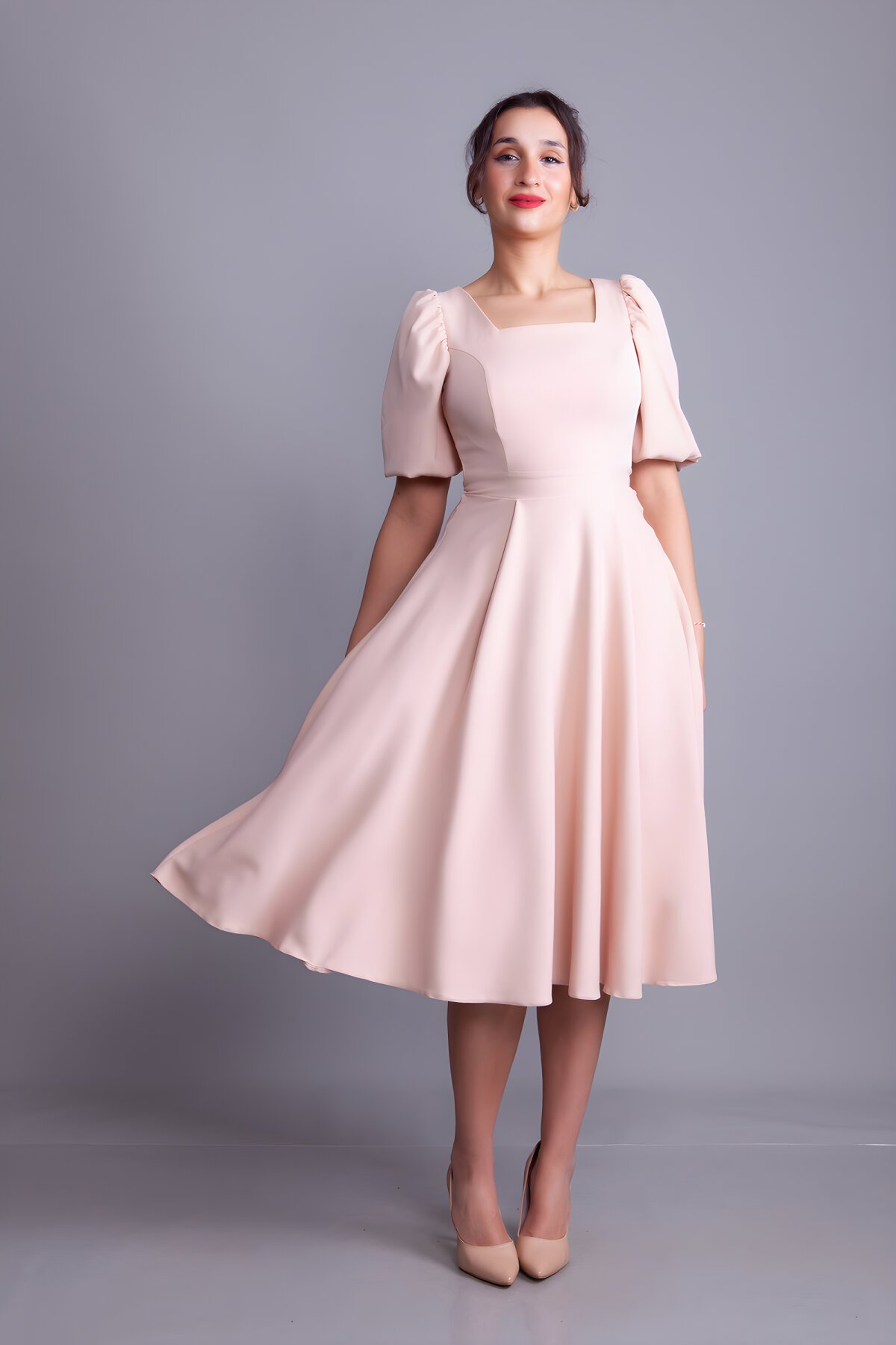 Krem Midi Kare Yaka Balon Kol Abiye Elbise - Bidoluelbise