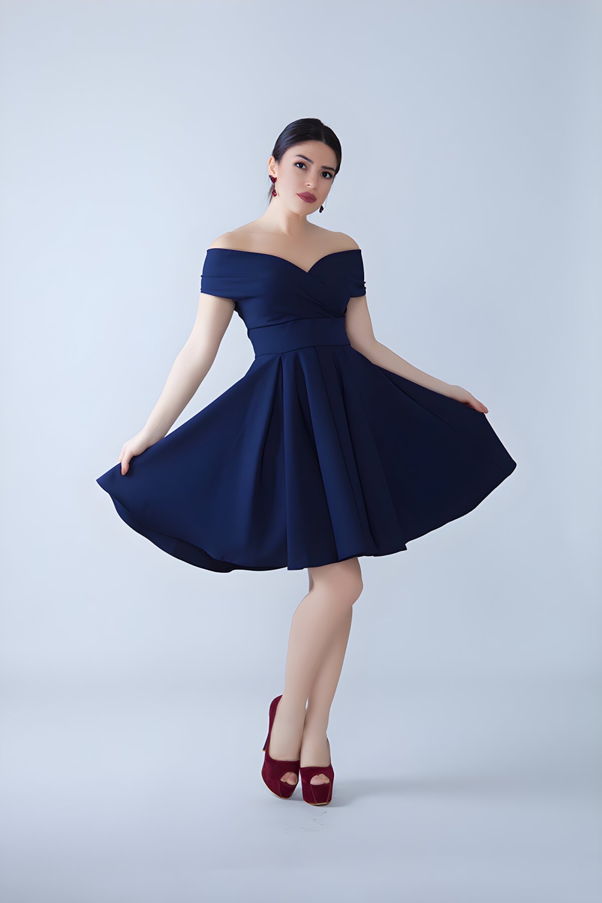 Mini Flared Pleated Boat Neck Evening Dress - Navy Blue - Bidoluelbise