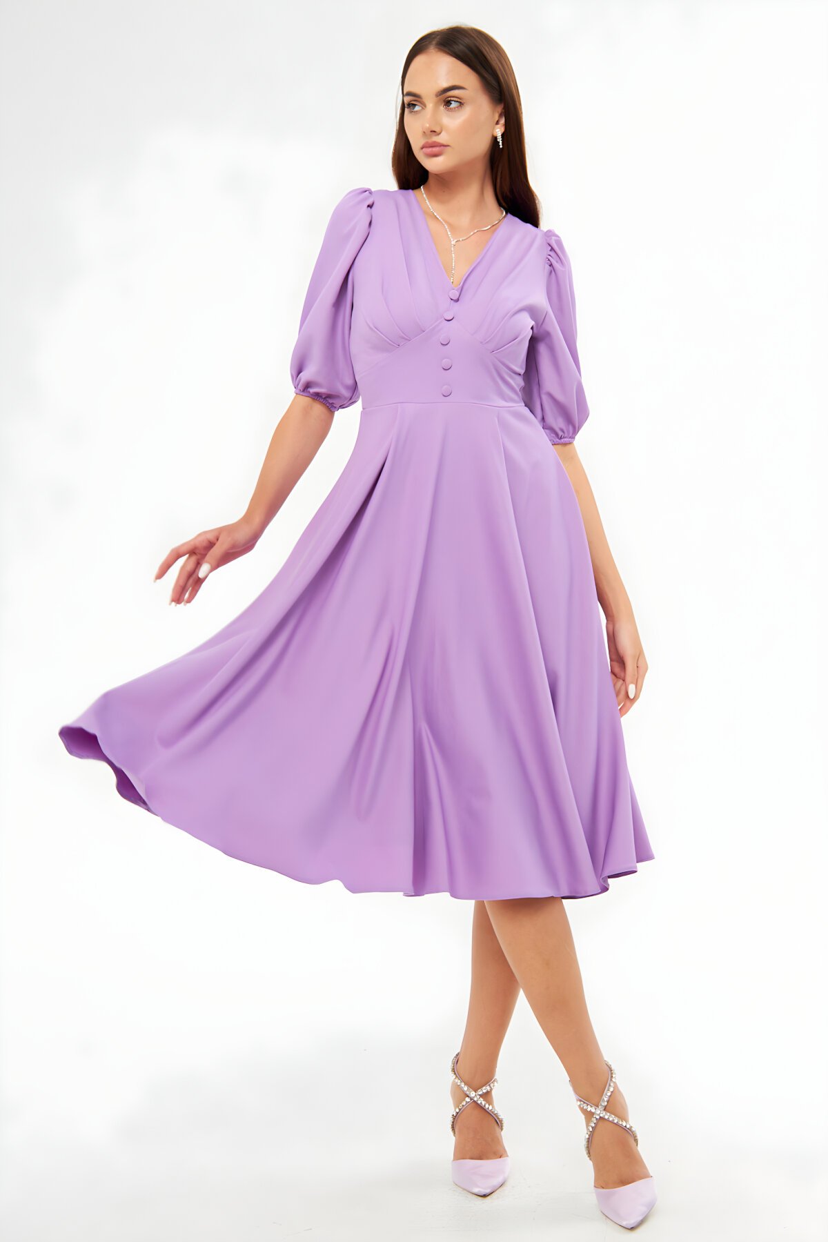 Leylak Midi Balon Kol V Yaka Korsaj Detaylı Abiye Elbise - Bidoluelbise