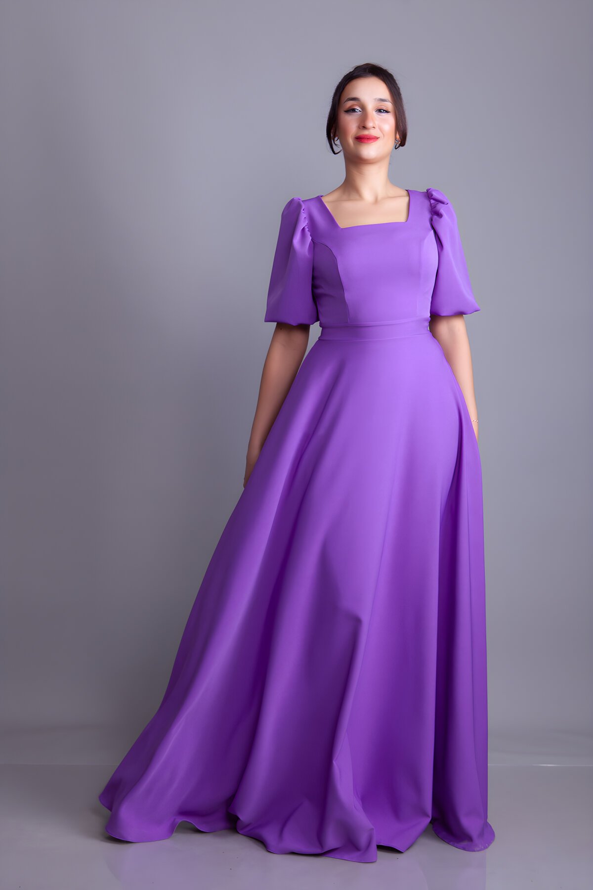 Leylak Uzun Kare Yaka Balon Kol Abiye Elbise - Bidoluelbise