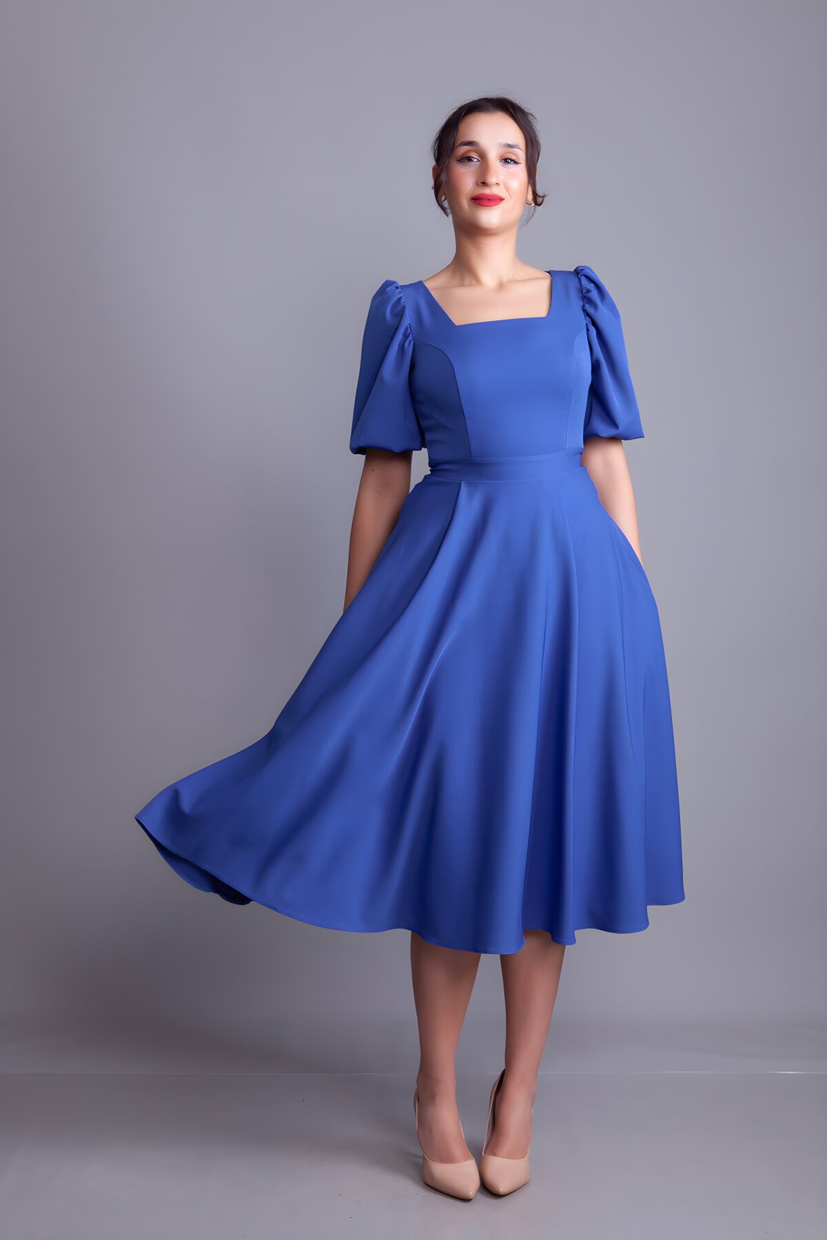 Mavi Midi Kare Yaka Balon Kol Abiye Elbise - Bidoluelbise