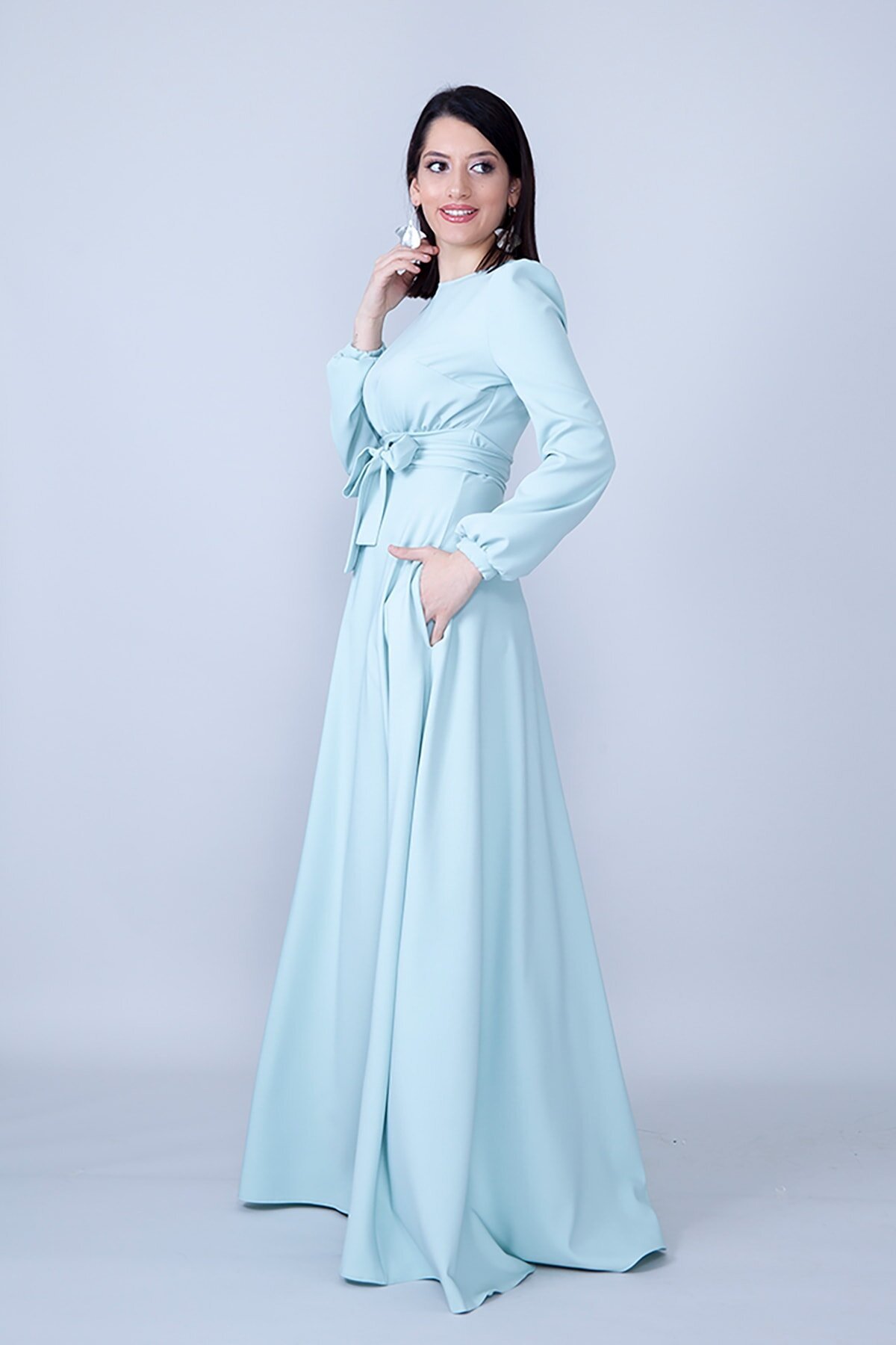 Modest Belted Gathered-Waist Evening Dress - Mint Green - Bidoluelbise