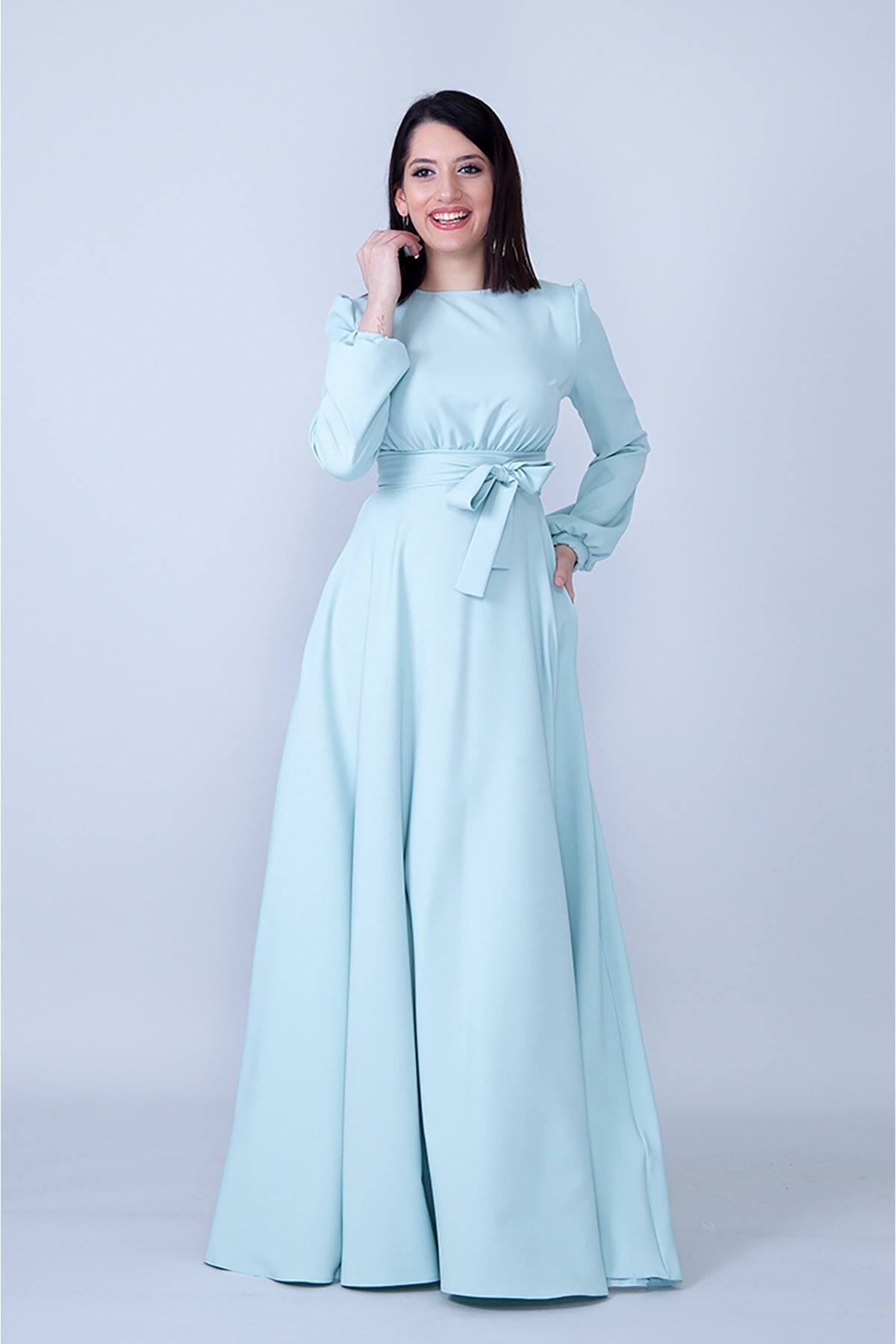 Modest Belted Gathered-Waist Evening Dress - Mint Green - Bidoluelbise
