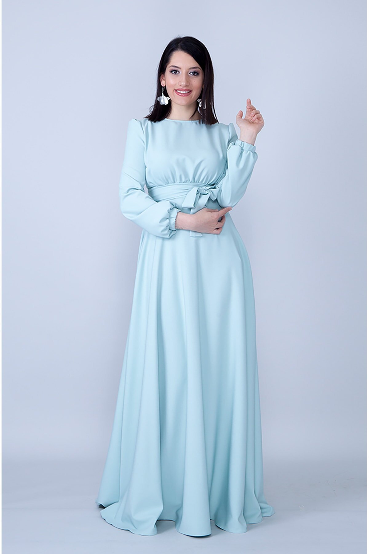 Modest Belted Gathered-Waist Evening Dress - Mint Green - Bidoluelbise
