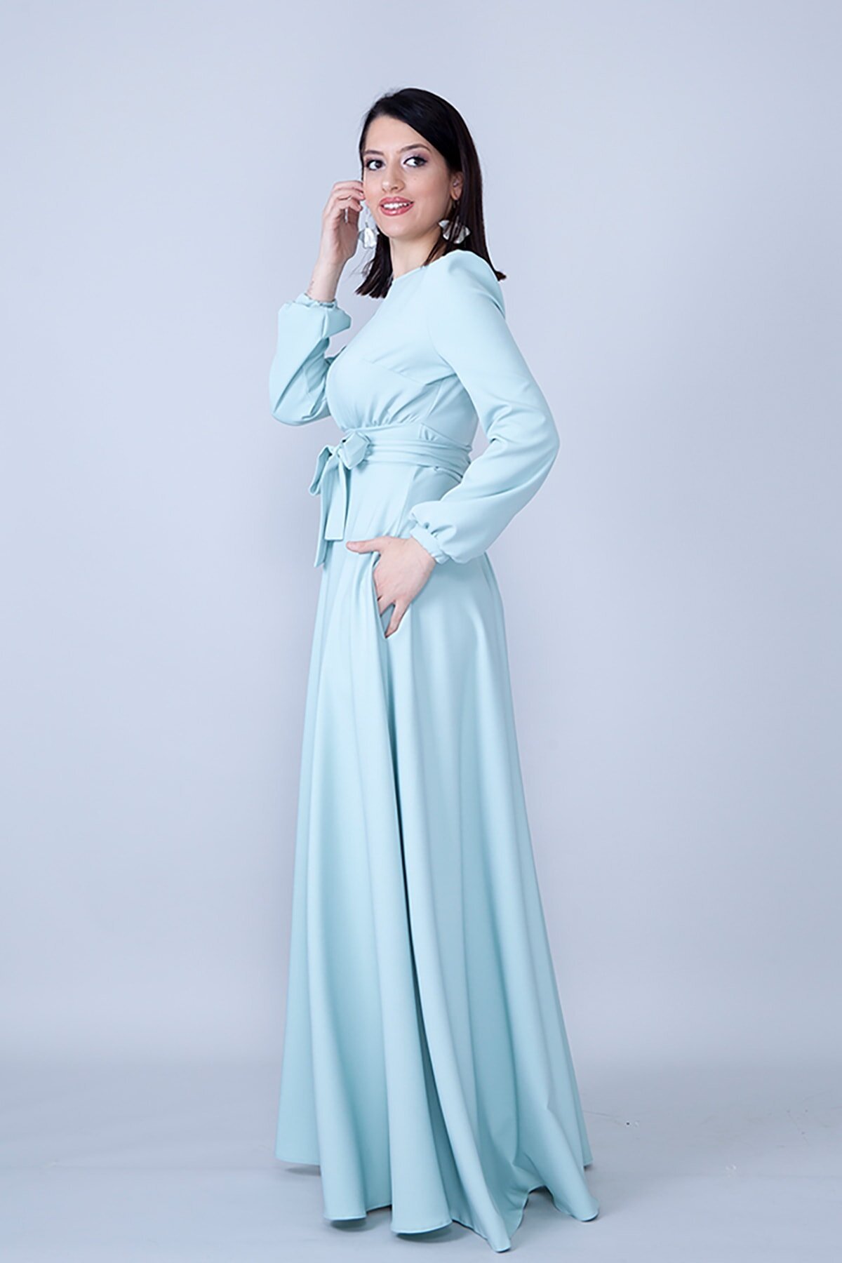 Modest Belted Gathered-Waist Evening Dress - Mint Green - Bidoluelbise
