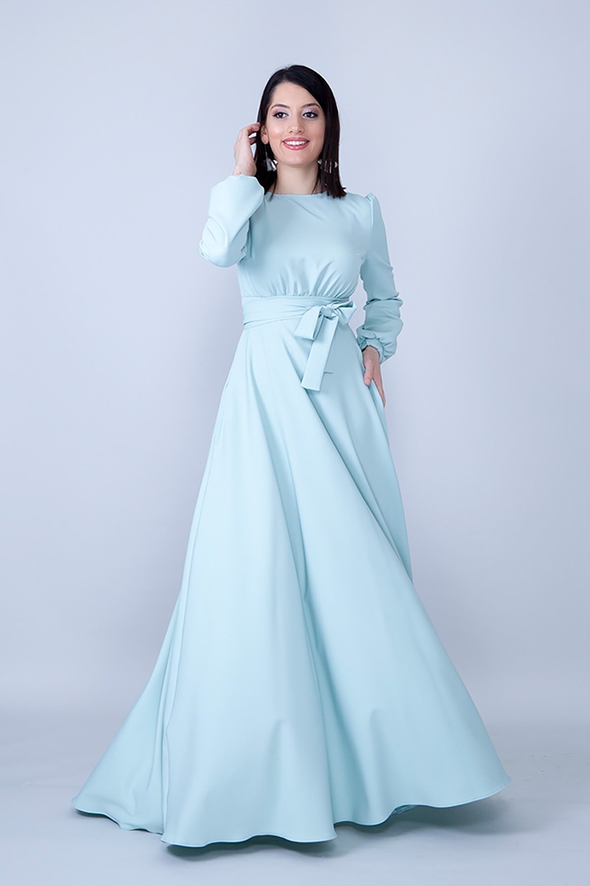 Modest Belted Gathered-Waist Evening Dress - Mint Green - Bidoluelbise