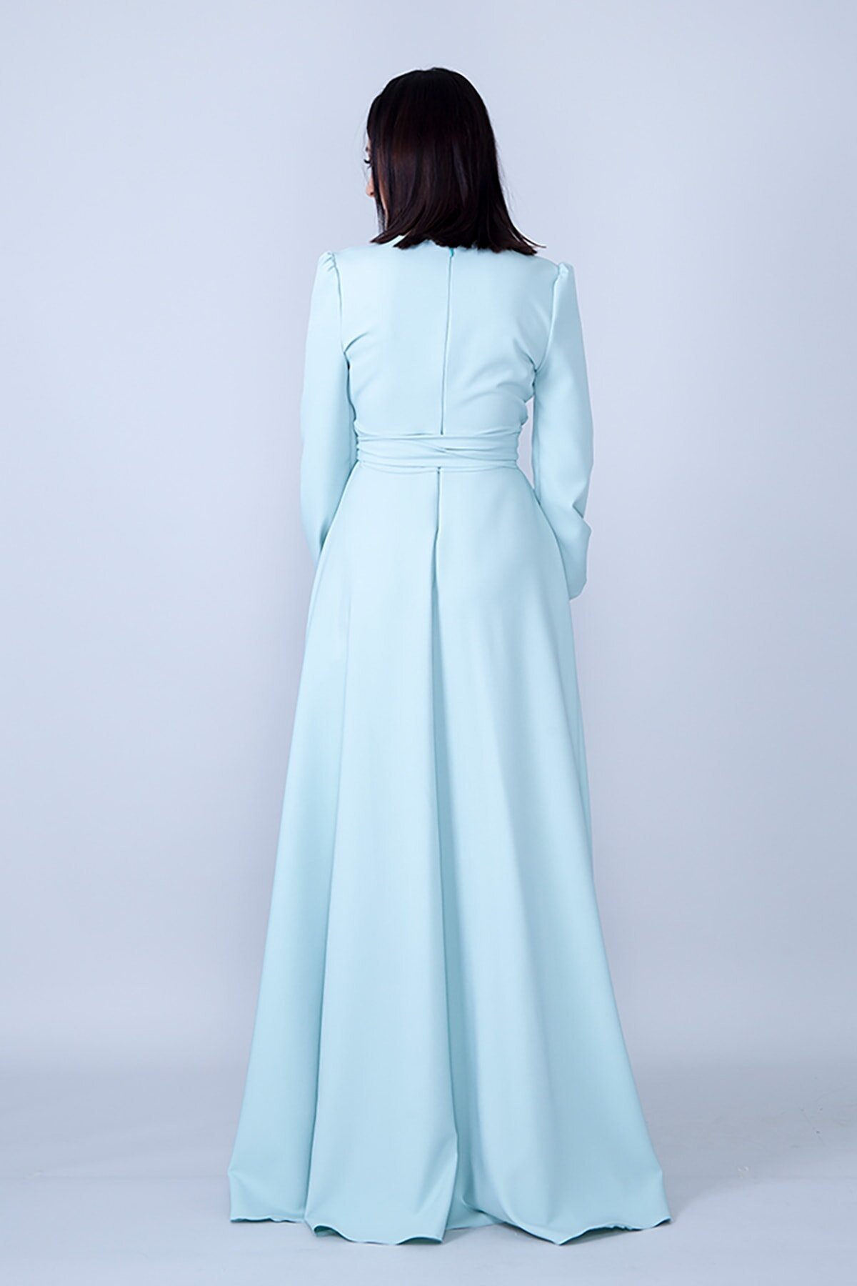Modest Belted Gathered-Waist Evening Dress - Mint Green - Bidoluelbise