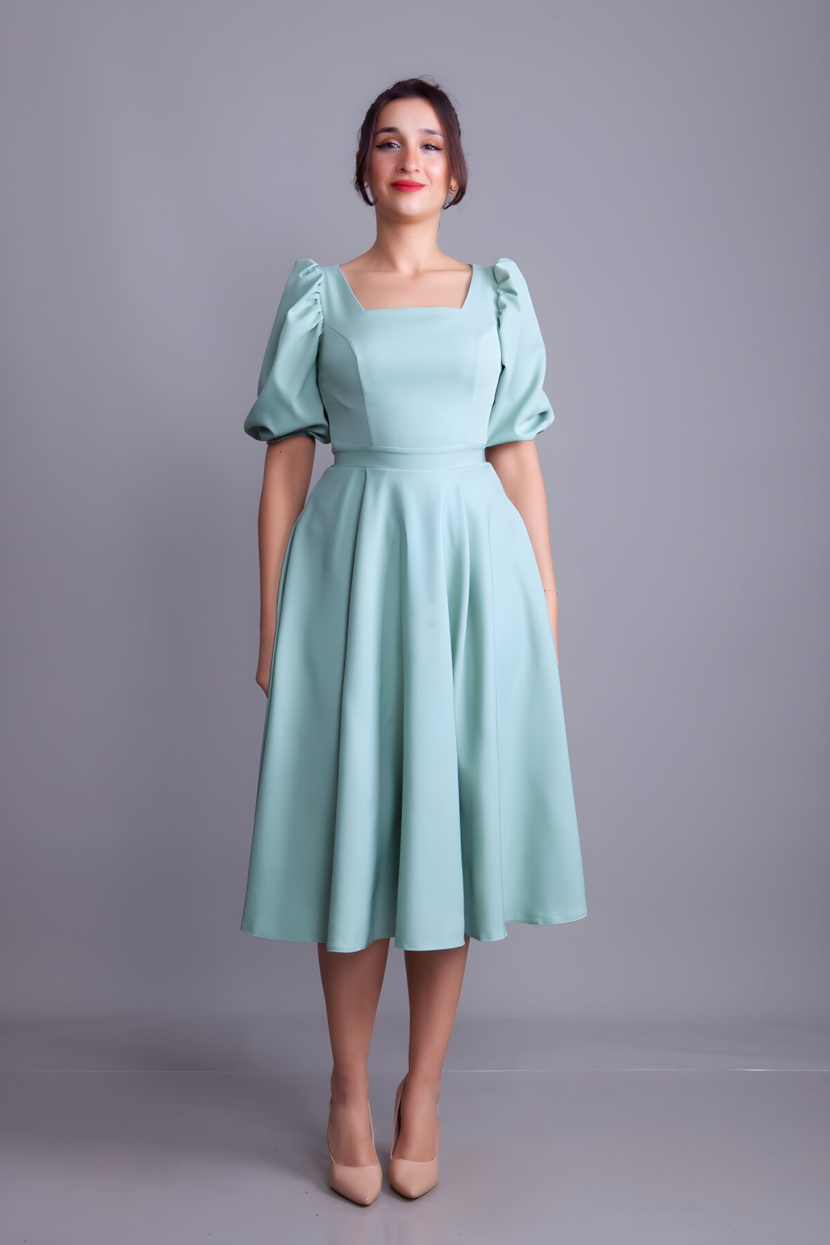 Midi Square Neck Puff Sleeve Evening Dress - Mint Green - Bidoluelbise
