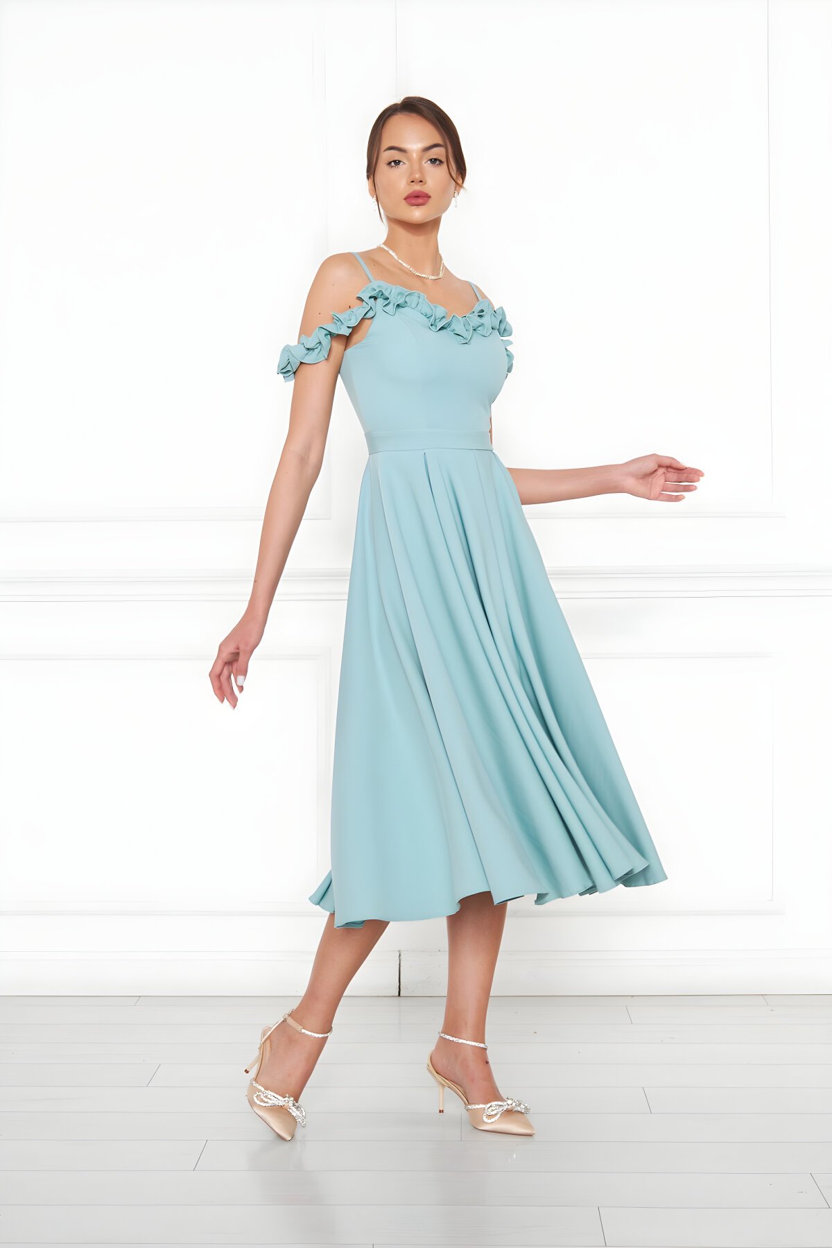 Mint Yeşili Midi Kloş Pileli Abiye Elbise - Bidoluelbise