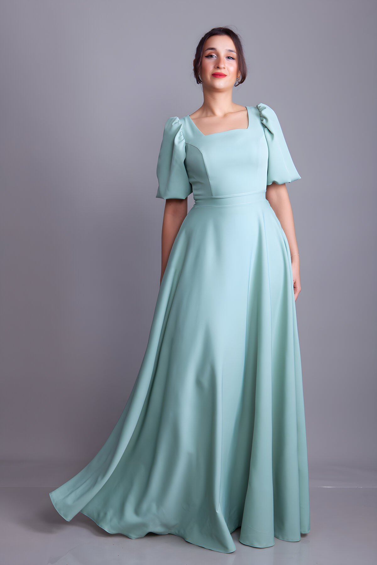 Mint Yeşili Uzun Kare Yaka Balon Kol Abiye Elbise - Bidoluelbise