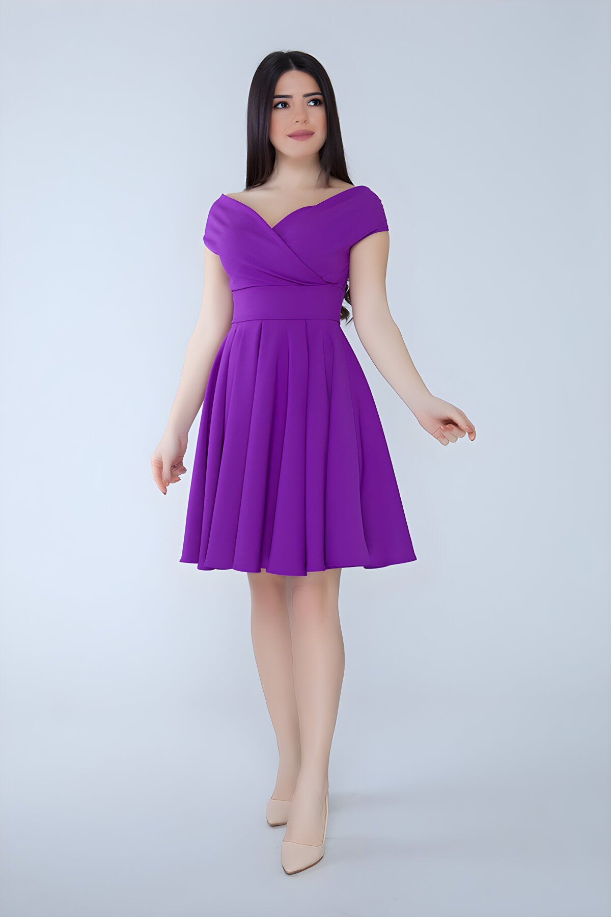 Mini Flared Pleated Evening Dress - Purple - Bidoluelbise