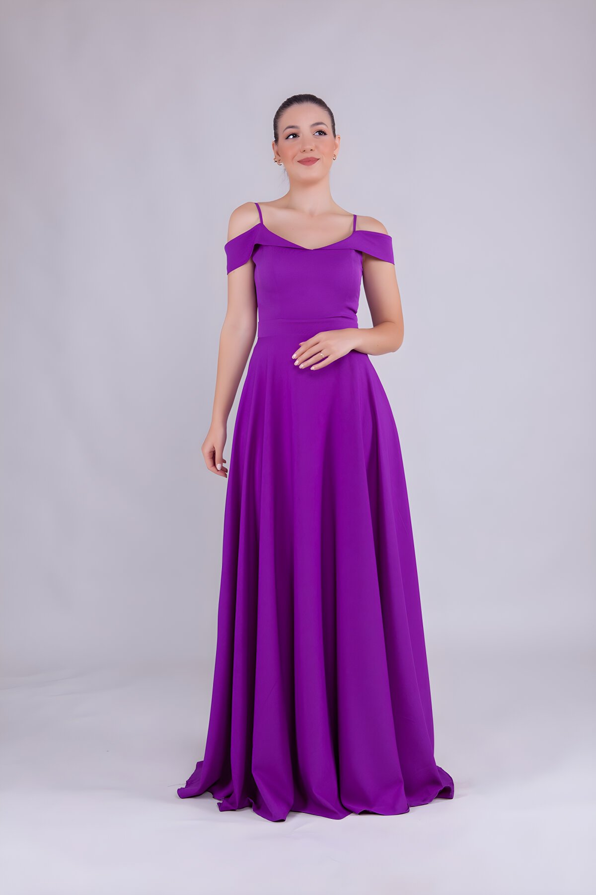 Mor Uzun Omuz Detaylı Abiye Elbise - Bidoluelbise
