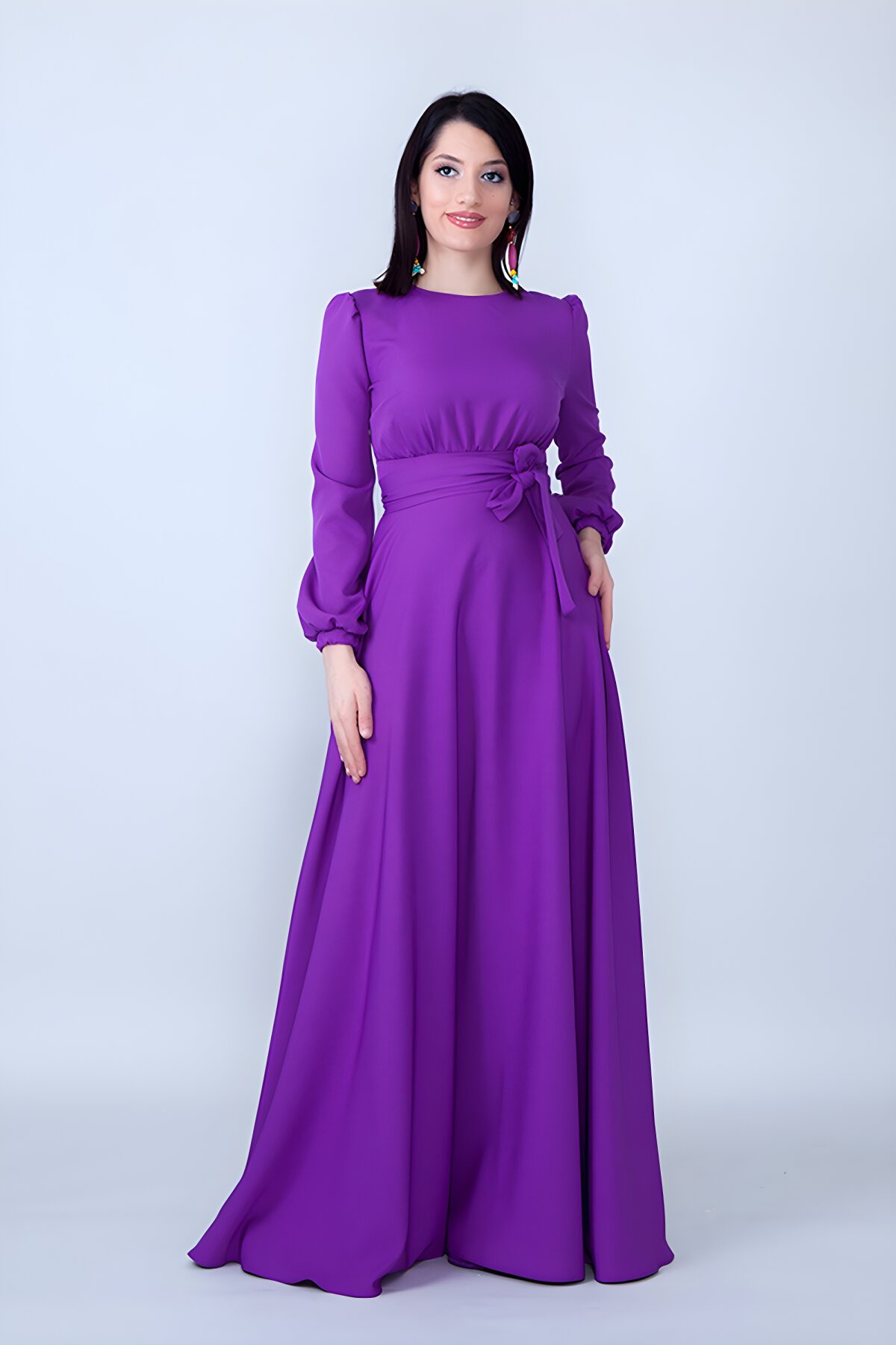 Modest Long Sleeve Shirred Waist Evening Dress - Purple - Bidoluelbise