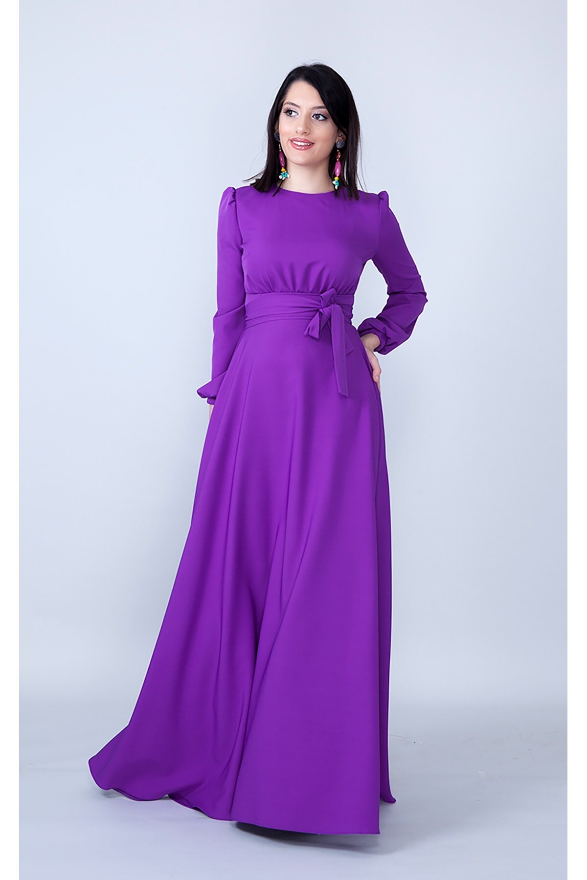 Modest Long Sleeve Shirred Waist Evening Dress - Purple - Bidoluelbise