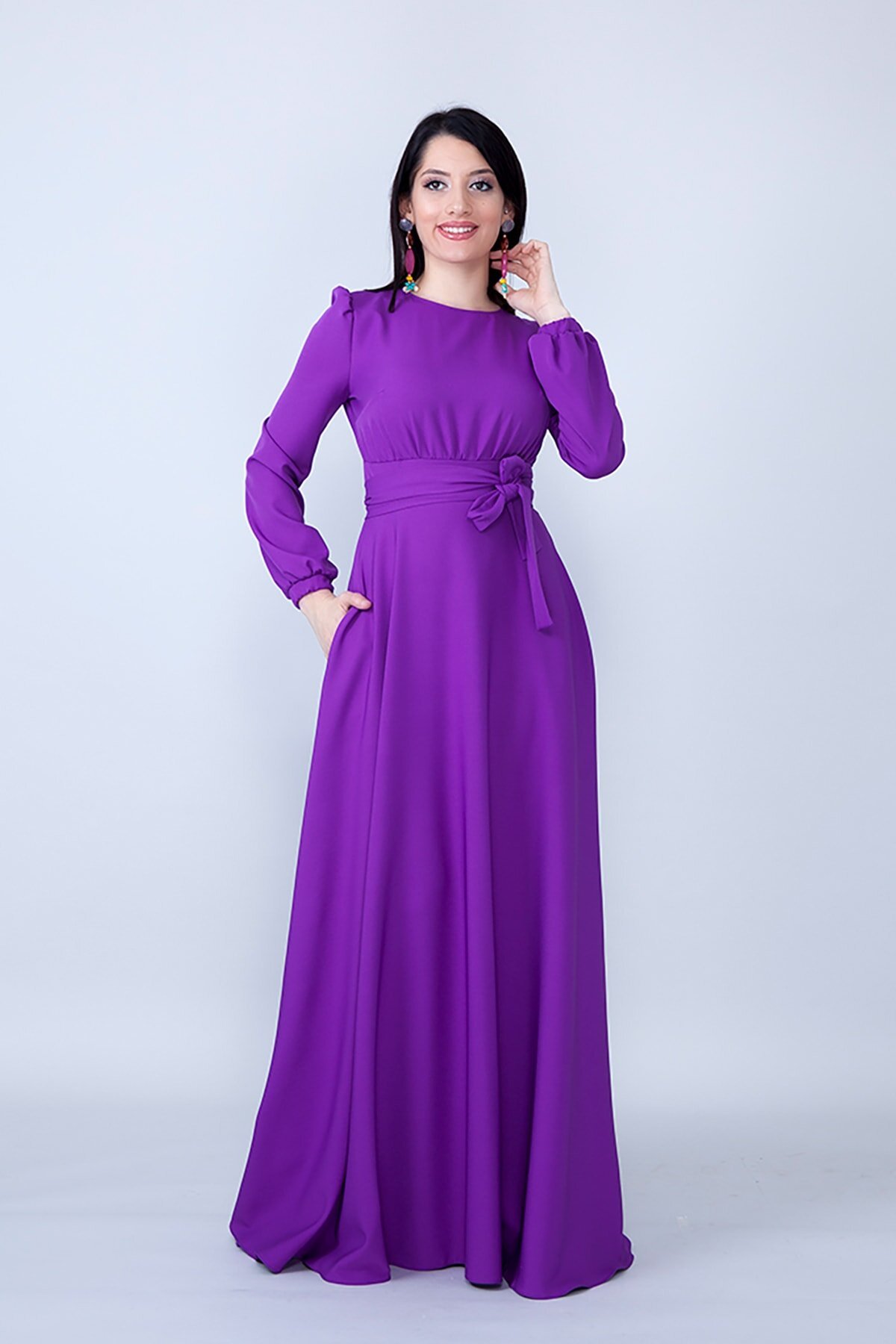 Modest Long Sleeve Shirred Waist Evening Dress - Purple - Bidoluelbise