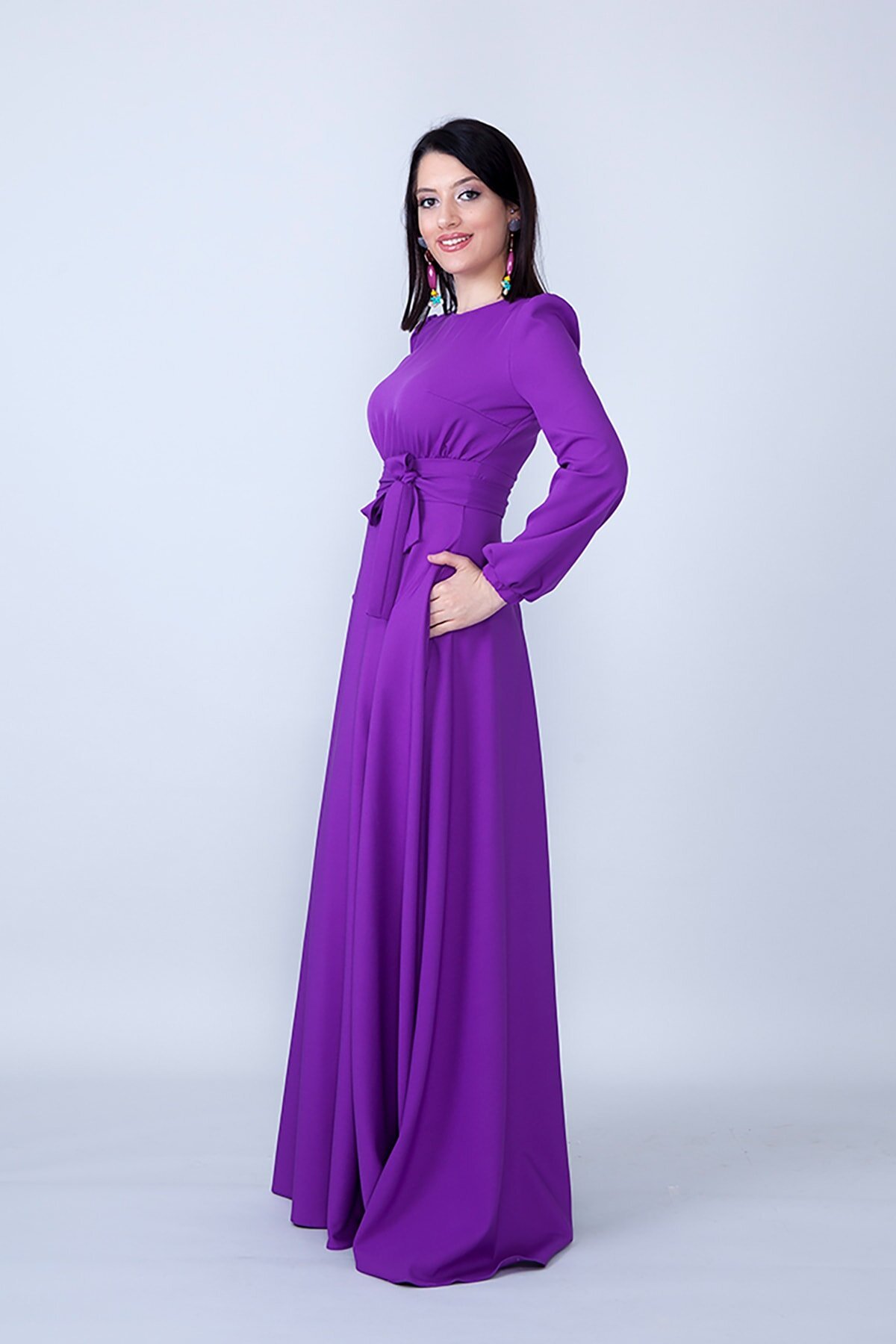 Modest Long Sleeve Shirred Waist Evening Dress - Purple - Bidoluelbise