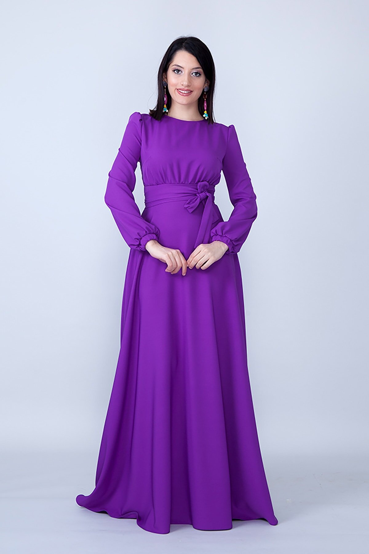 Modest Long Sleeve Shirred Waist Evening Dress - Purple - Bidoluelbise