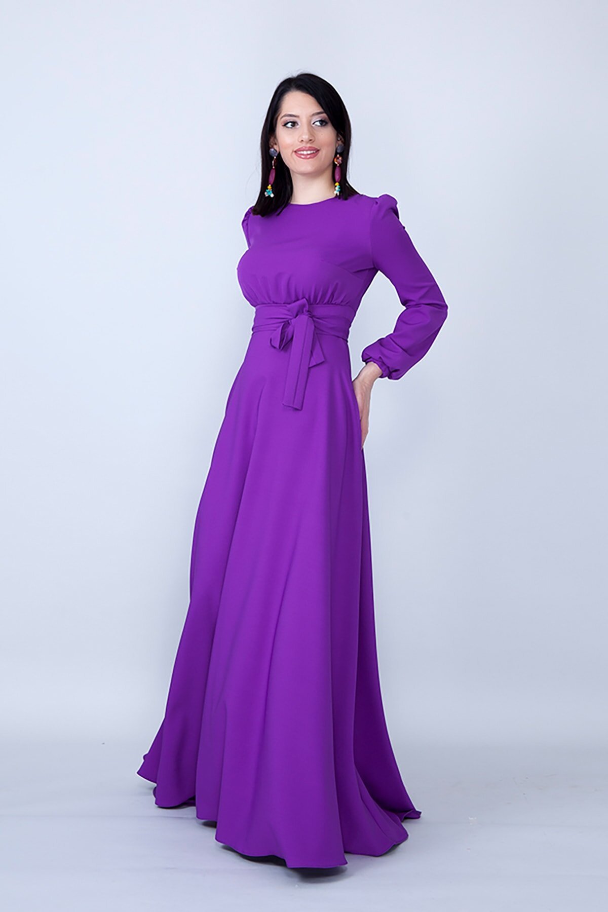 Modest Long Sleeve Shirred Waist Evening Dress - Purple - Bidoluelbise