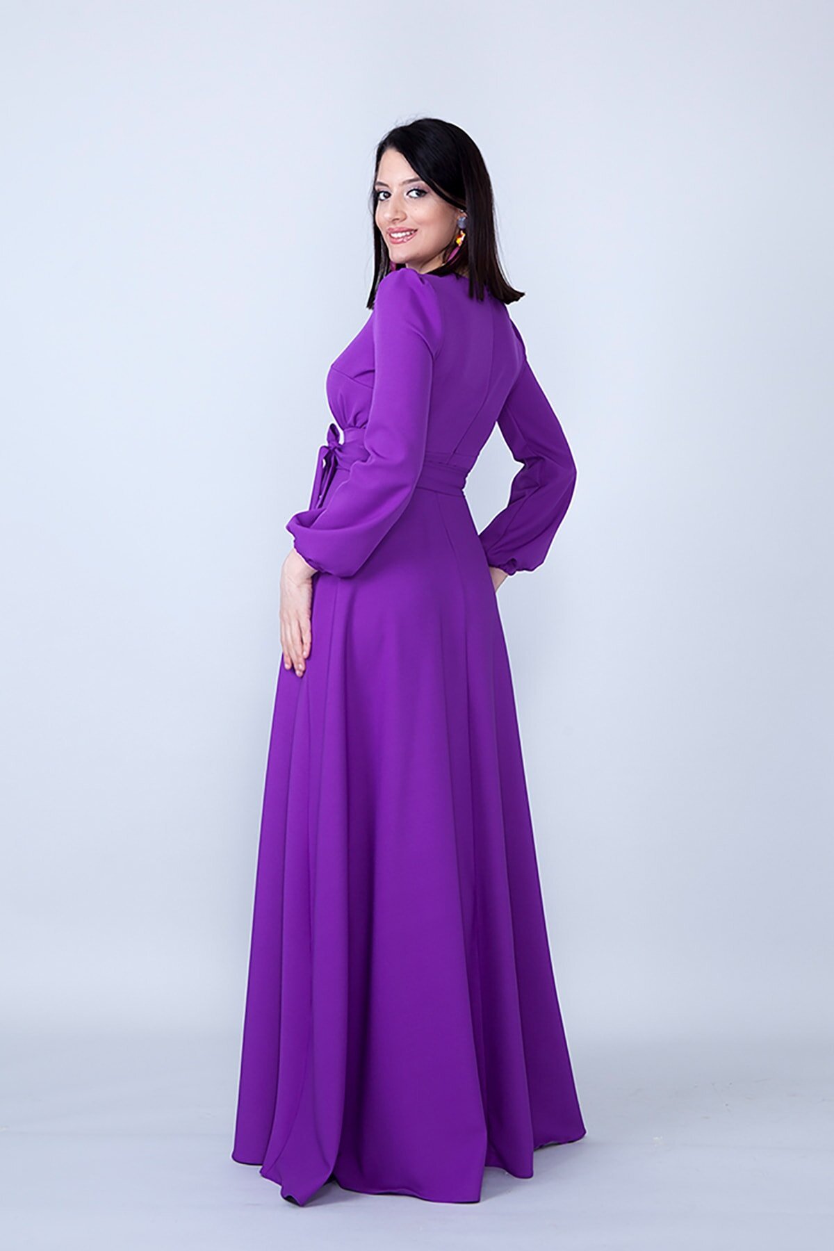 Modest Long Sleeve Shirred Waist Evening Dress - Purple - Bidoluelbise