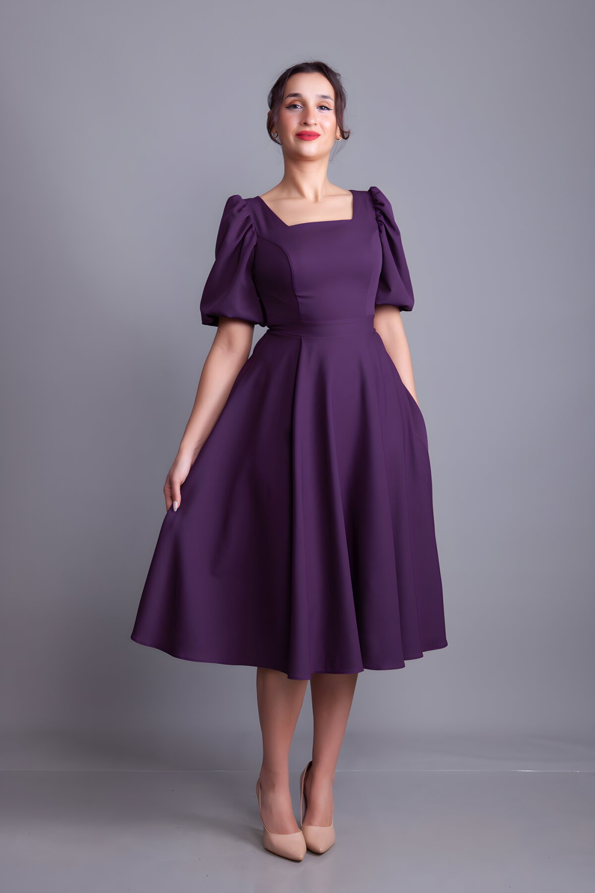 Mürdüm Midi Kare Yaka Balon Kol Abiye Elbise - Bidoluelbise