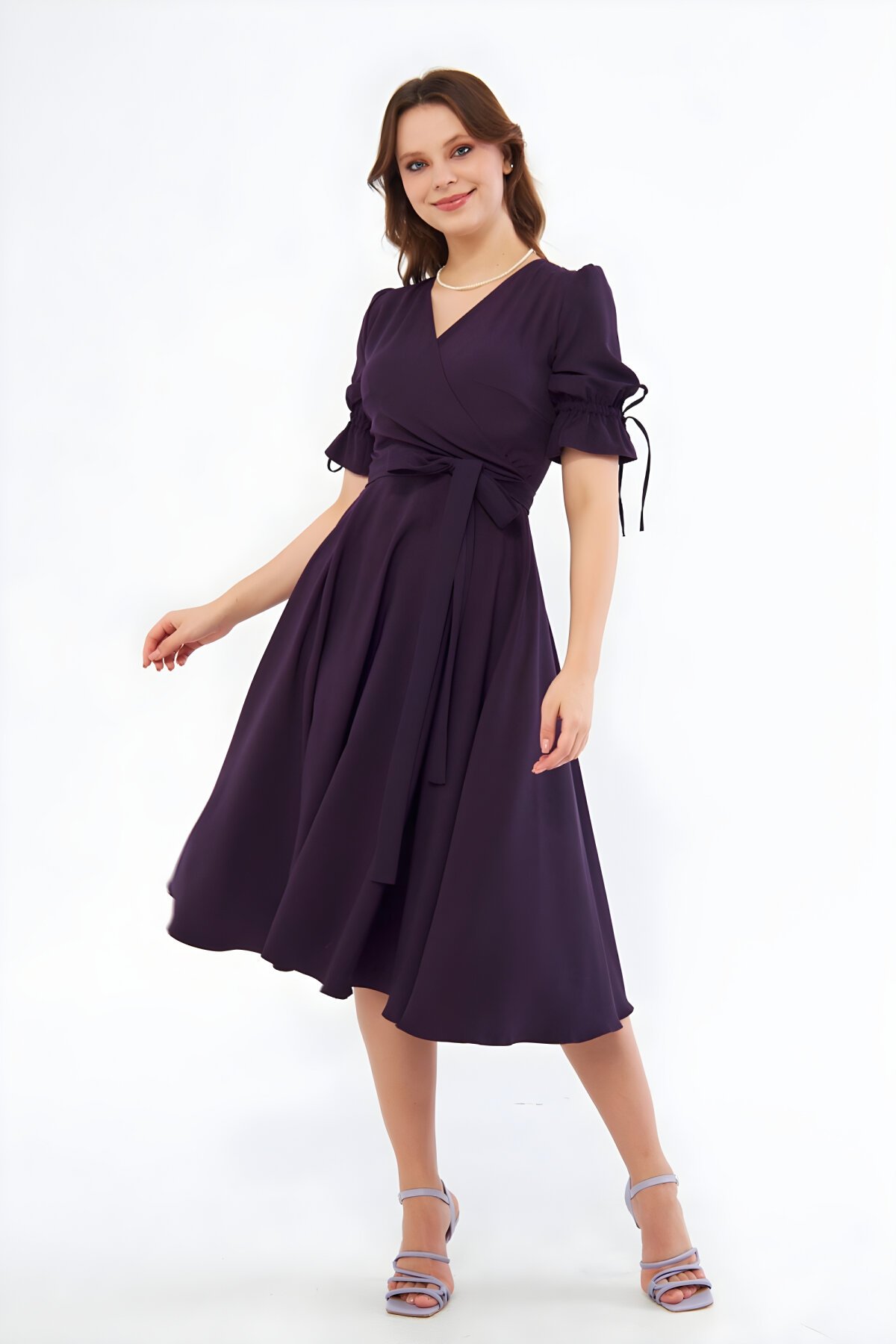 Mürdüm Midi Kruvaze Yaka Büzgülü Kuşaklı Abiye Elbise - Bidoluelbise