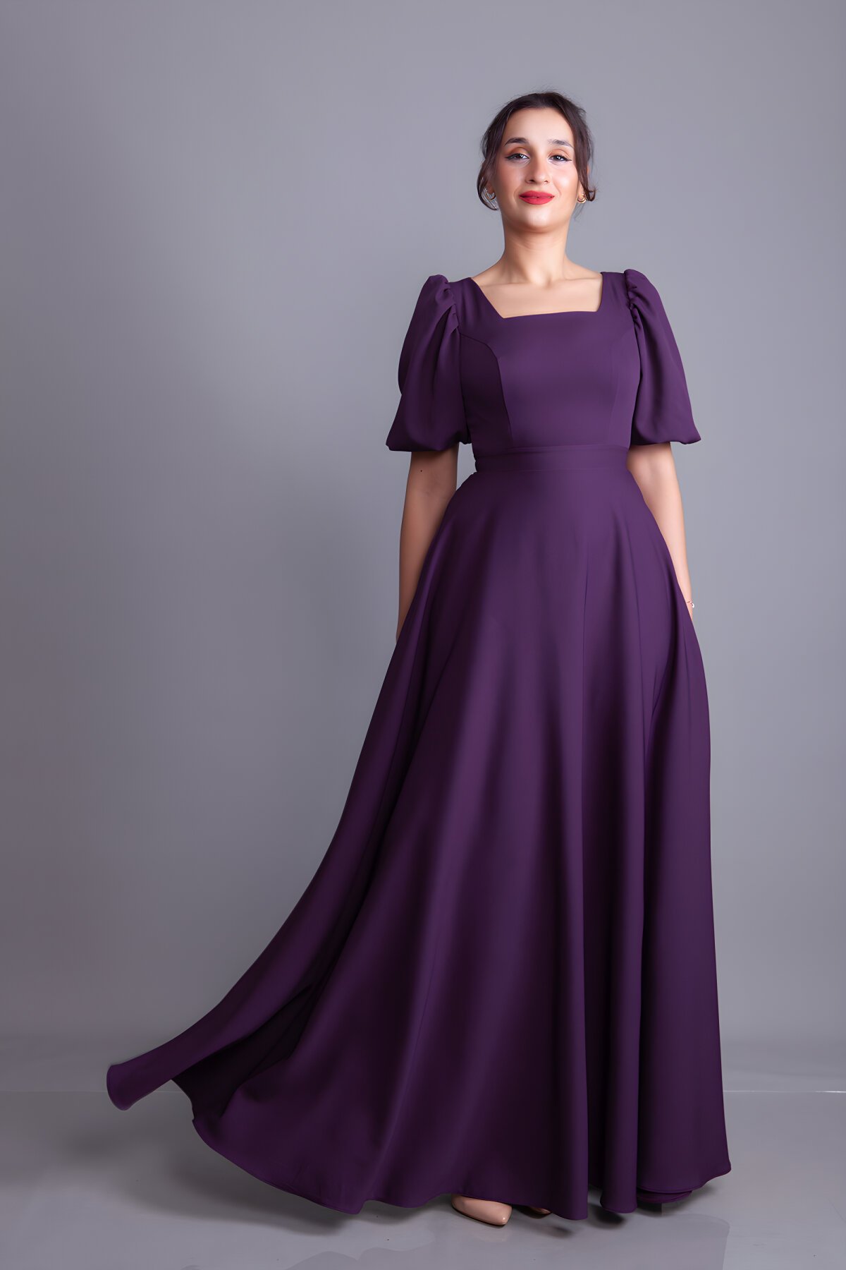 Mürdüm Uzun Kare Yaka Balon Kol Abiye Elbise - Bidoluelbise