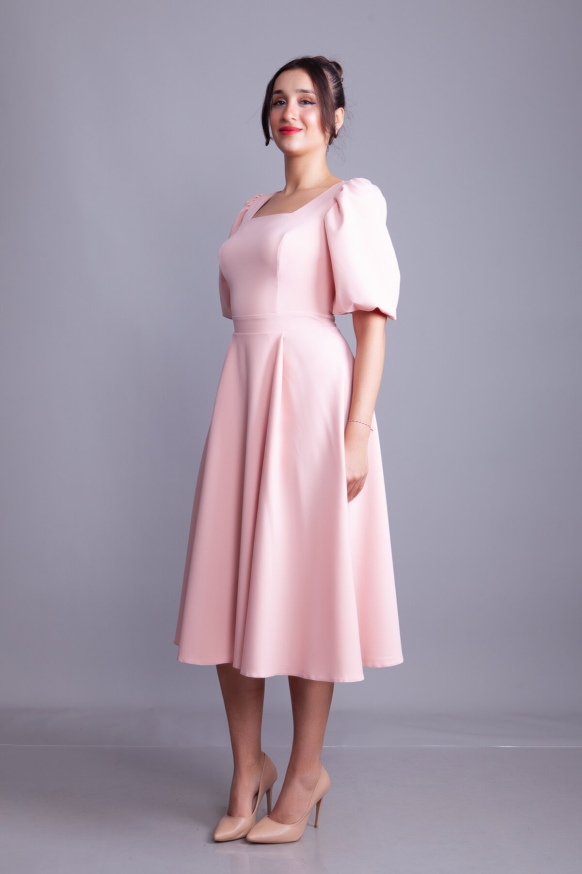 Pudra Midi Kare Yaka Balon Kol Abiye Elbise - Bidoluelbise