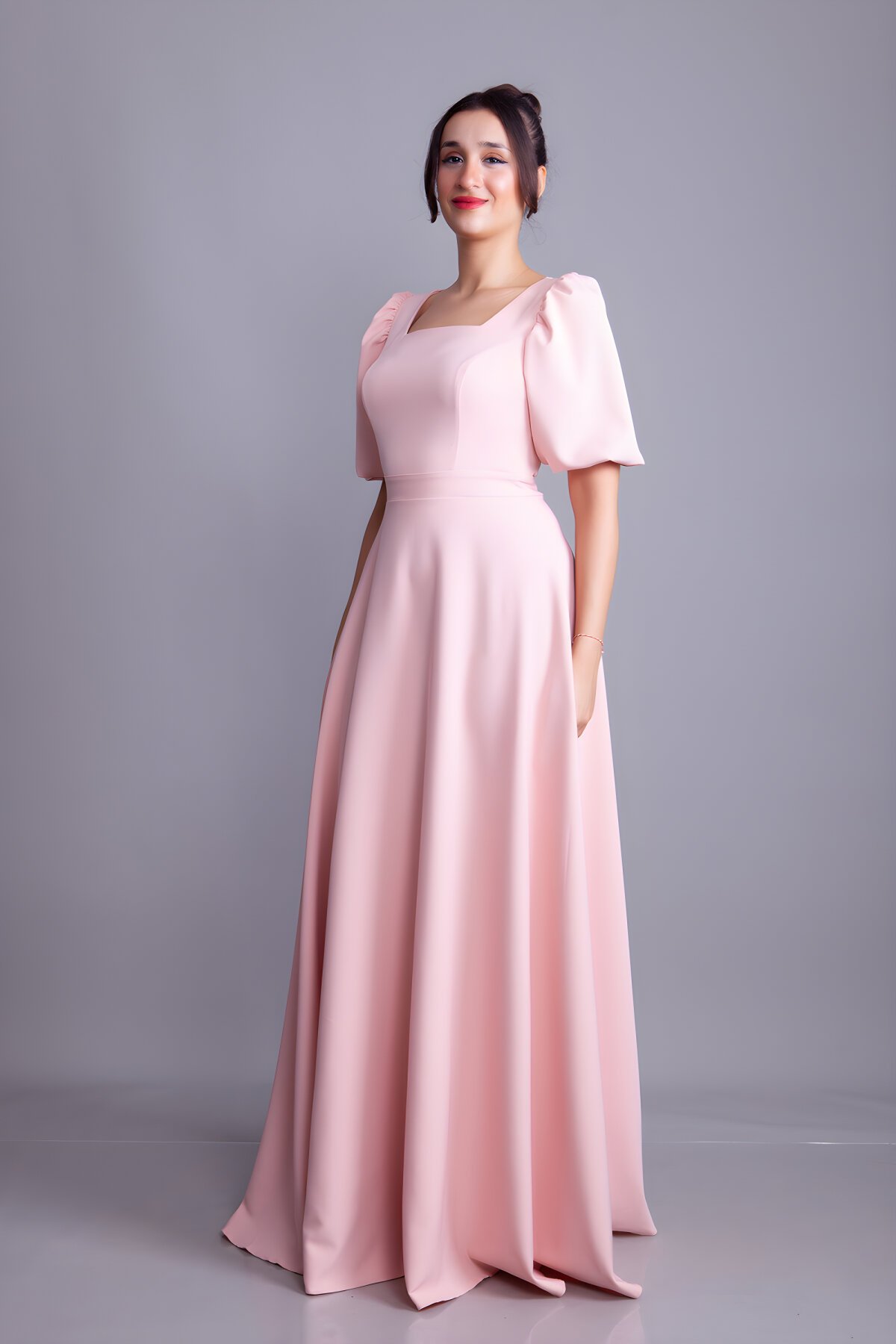 Pudra Uzun Kare Yaka Balon Kol Abiye Elbise - Bidoluelbise