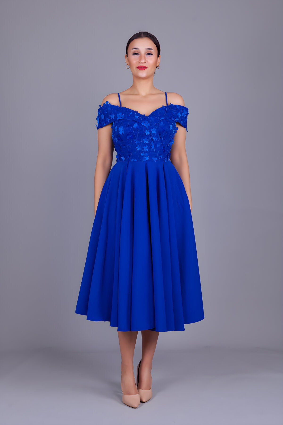 Sax Çiçekli Midi Kloş Tül Detaylı Abiye Elbise - Bidoluelbise