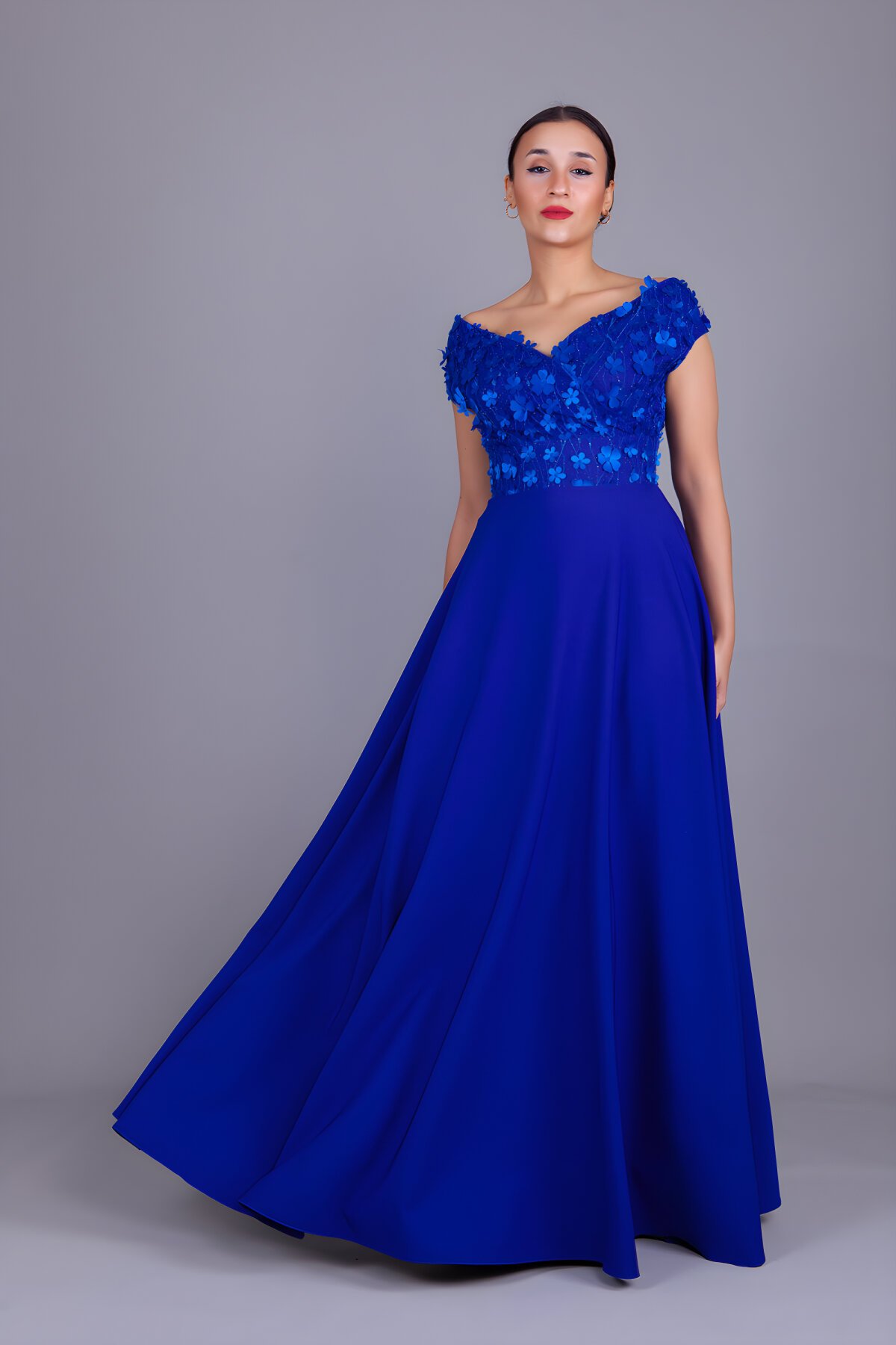 Long Boat Neck Floral Tulle Evening Dress - Sax Blue - Bidoluelbise