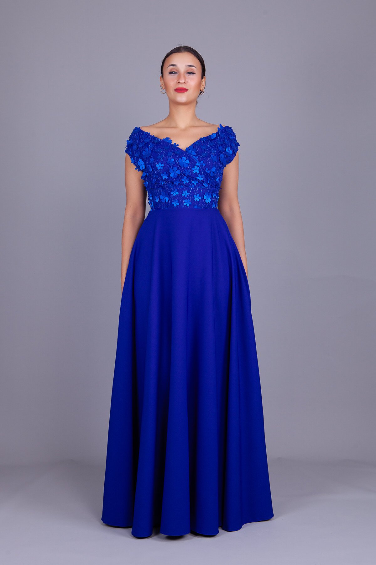 Long Boat Neck Floral Tulle Evening Dress - Sax Blue - Bidoluelbise