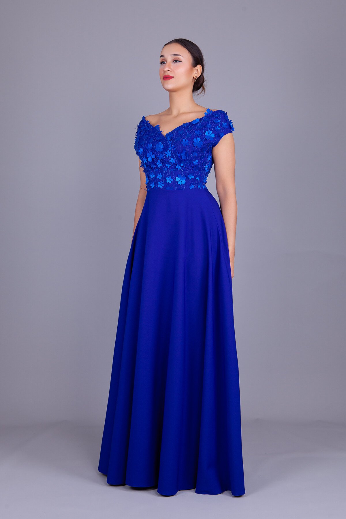 Long Boat Neck Floral Tulle Evening Dress - Sax Blue - Bidoluelbise