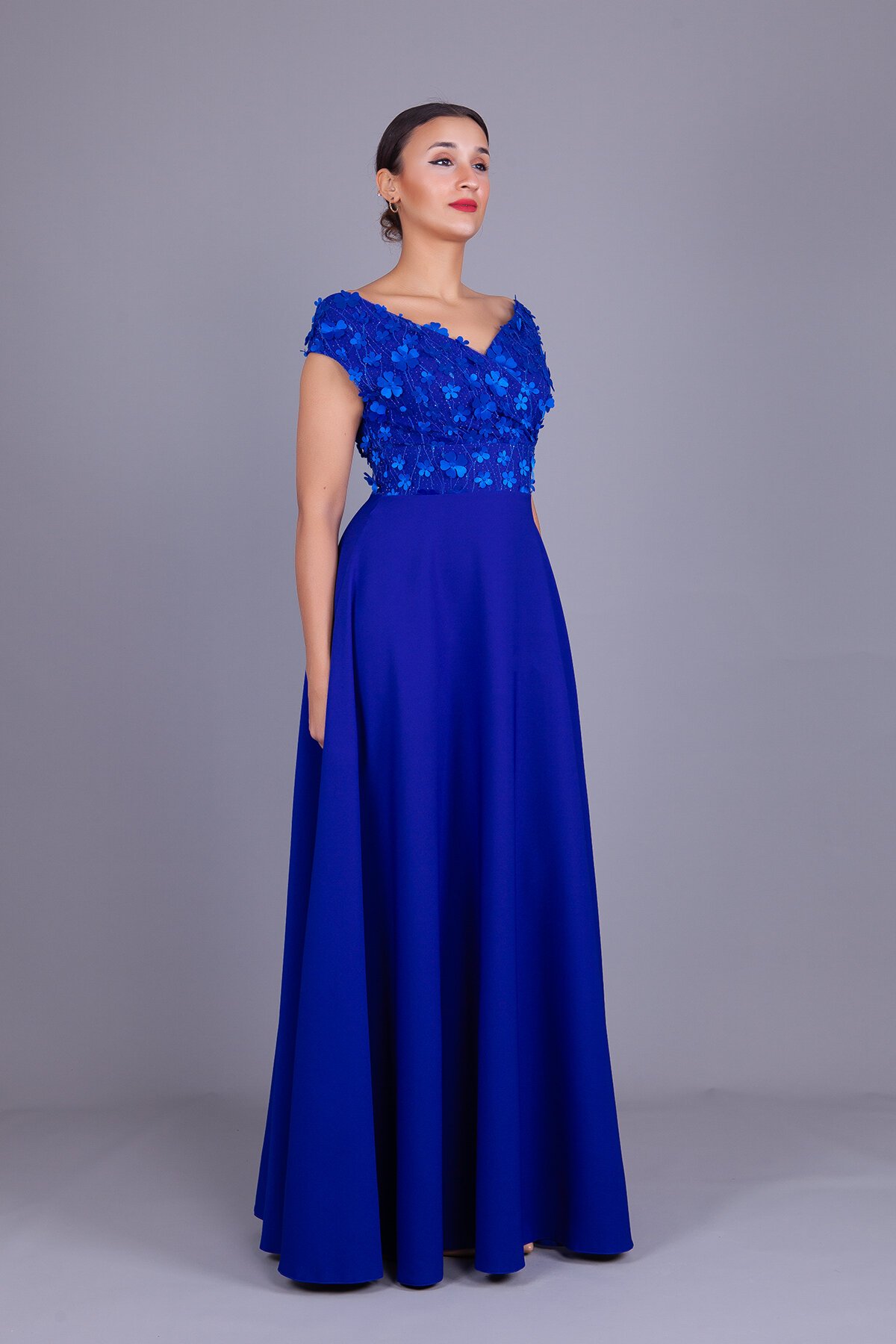 Long Boat Neck Floral Tulle Evening Dress - Sax Blue - Bidoluelbise