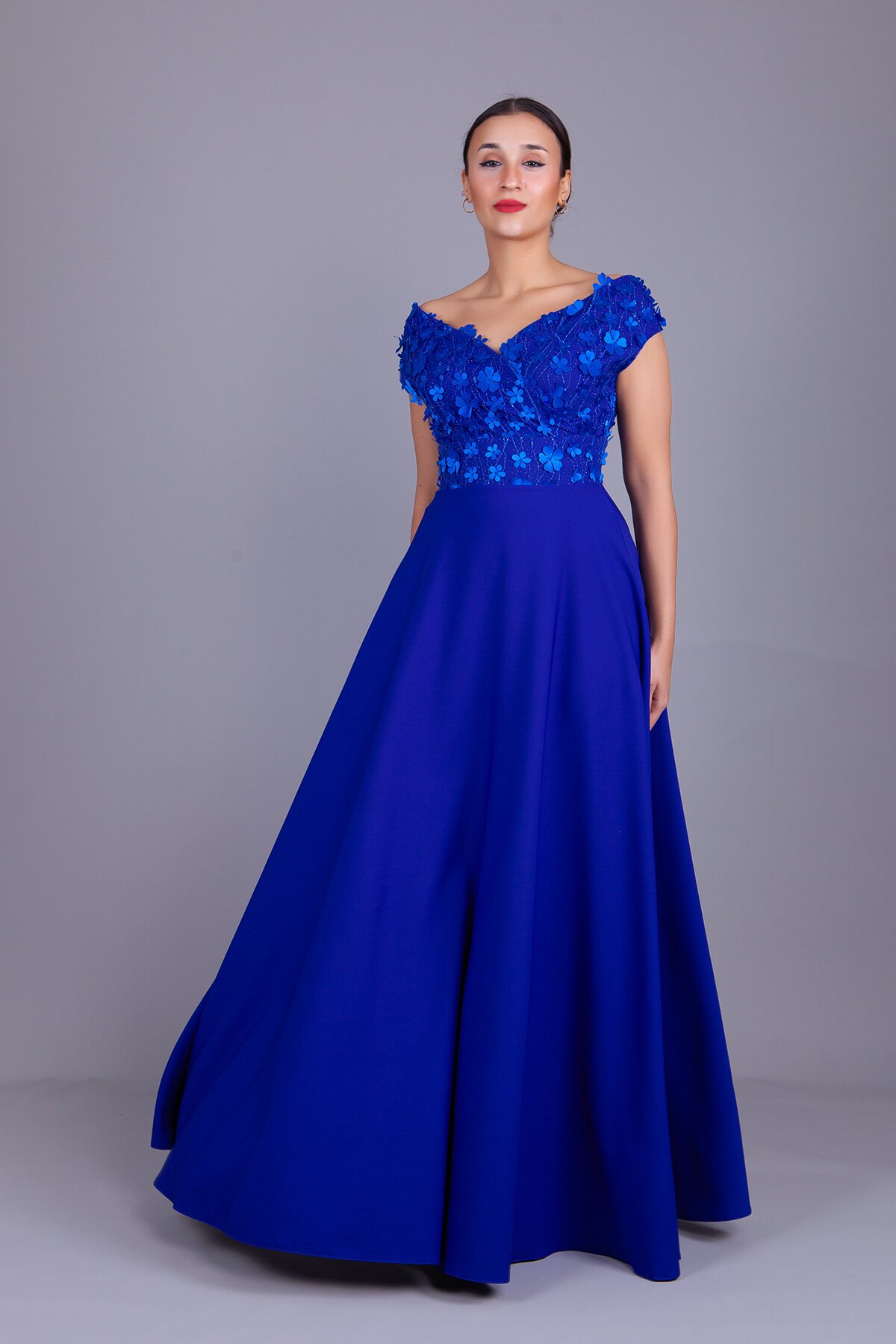 Long Boat Neck Floral Tulle Evening Dress - Sax Blue - Bidoluelbise