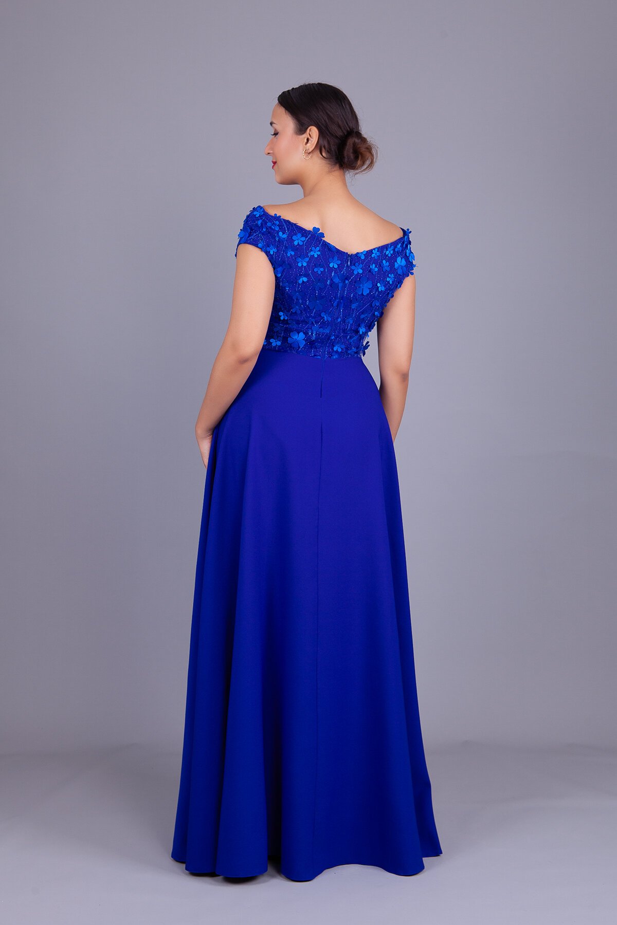Long Boat Neck Floral Tulle Evening Dress - Sax Blue - Bidoluelbise
