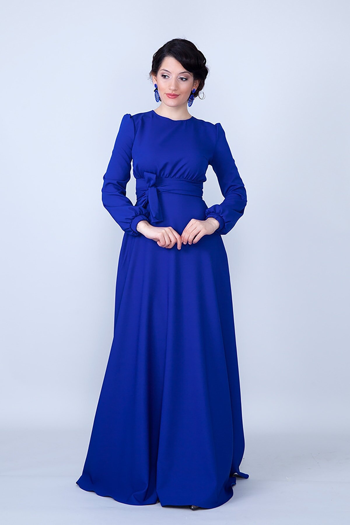 Modest Smocked Waist Belted Evening Dress - Sax Blue - Bidoluelbise