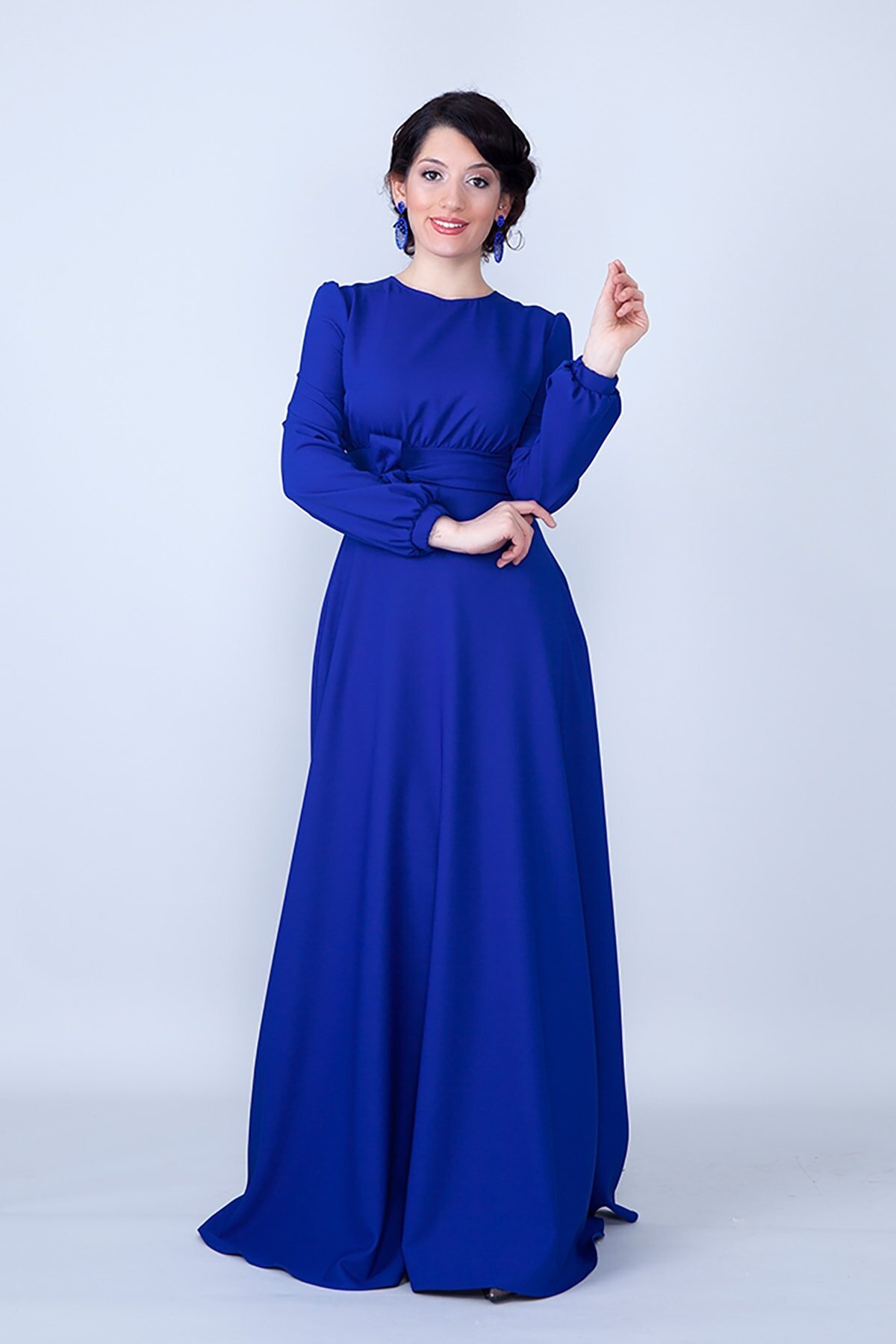 Modest Smocked Waist Belted Evening Dress - Sax Blue - Bidoluelbise