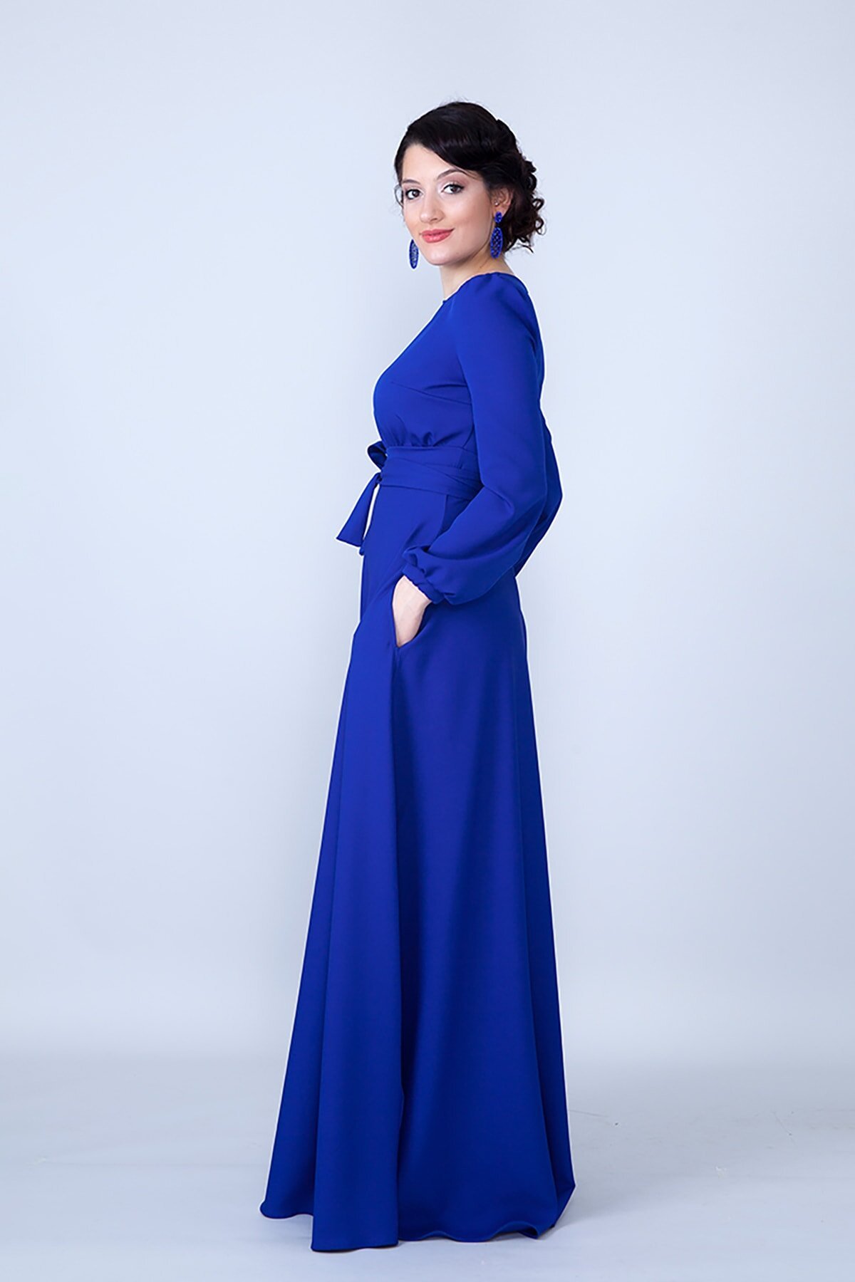 Modest Smocked Waist Belted Evening Dress - Sax Blue - Bidoluelbise